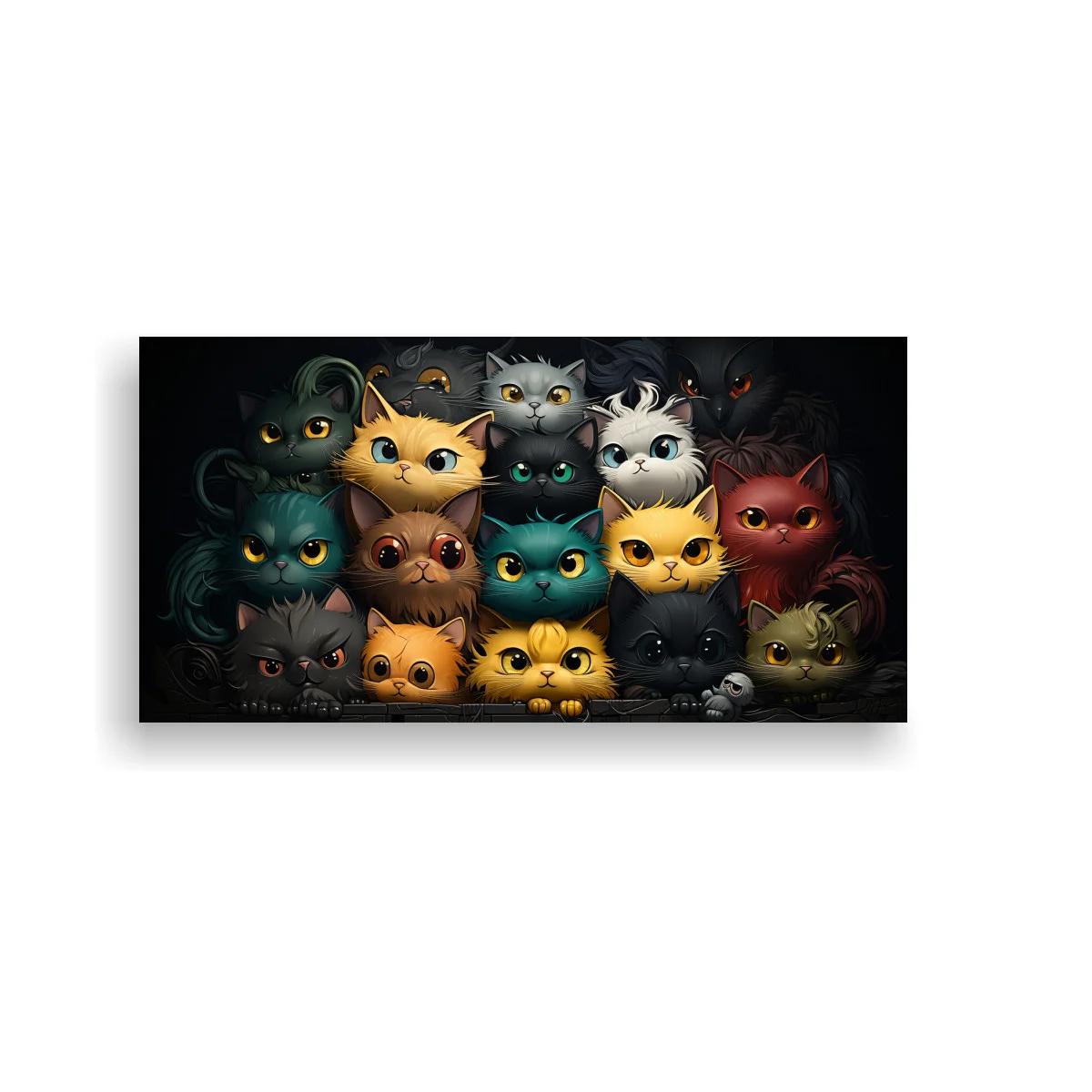 Cuadro grupo de gatos de ojos grandes sobre fondo oscuro