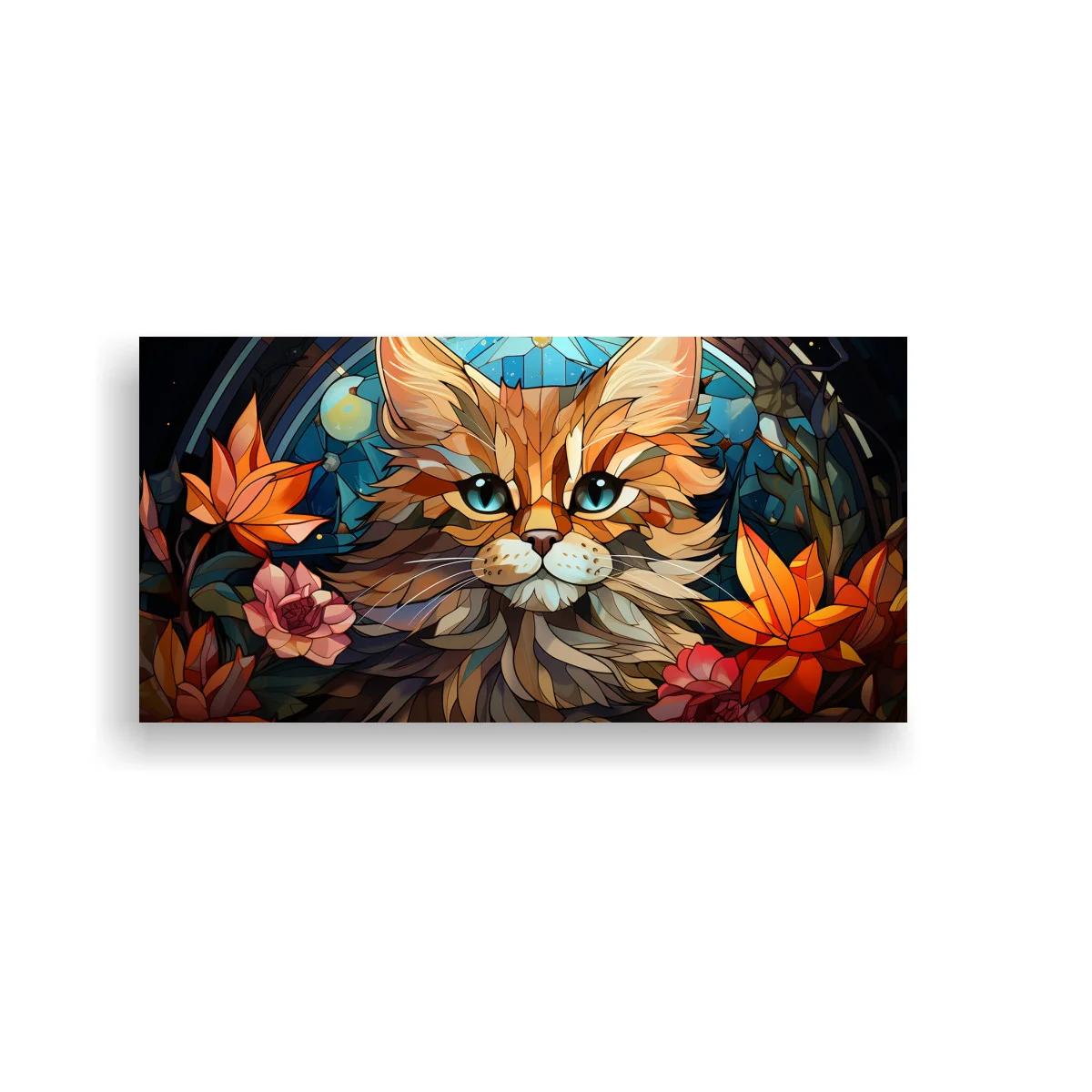 Cuadro gato naranja de ojos azules con flores tipo vidriera — imagen principal
