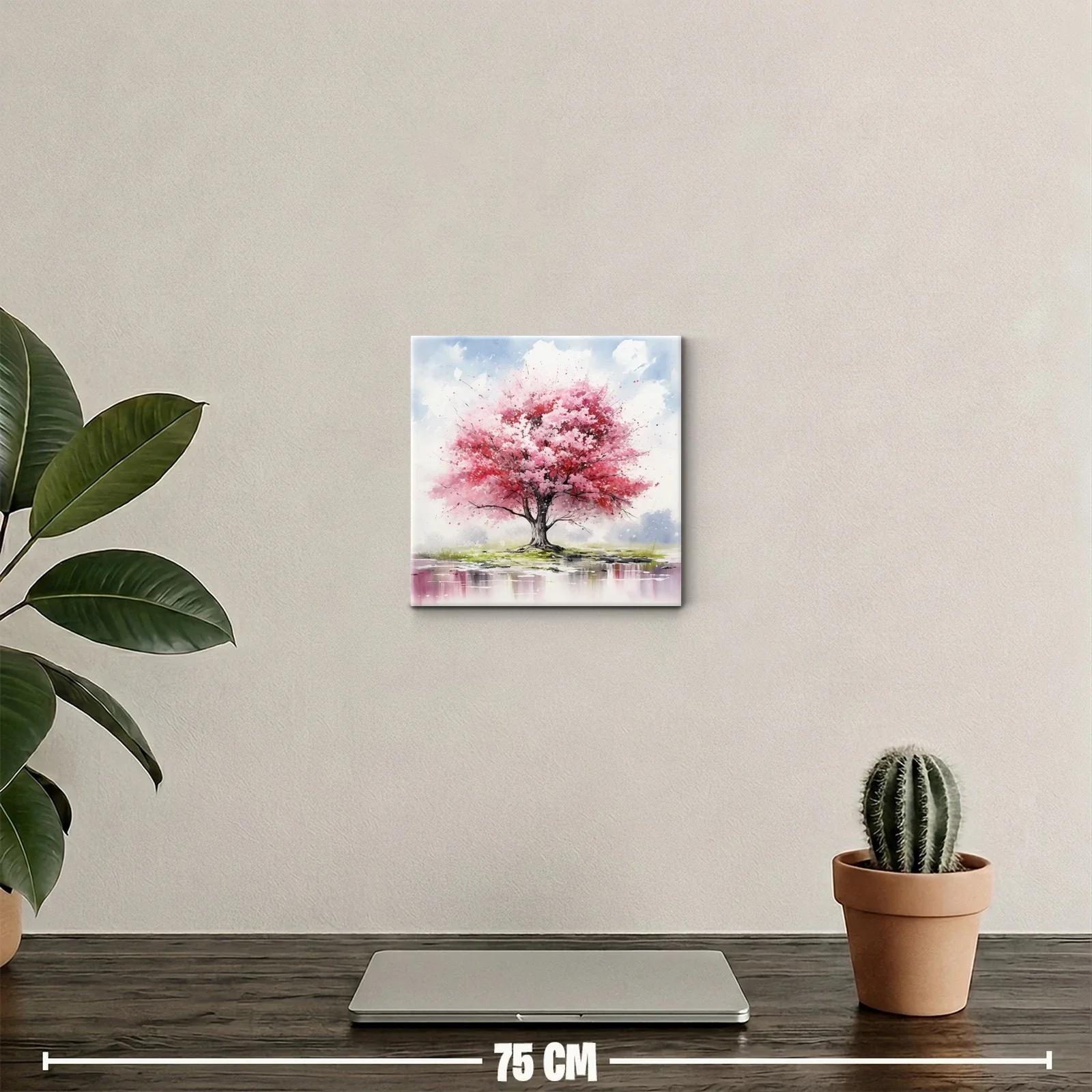 Árbol en flor con tonos rosas y paisaje sereno — miniatura 2