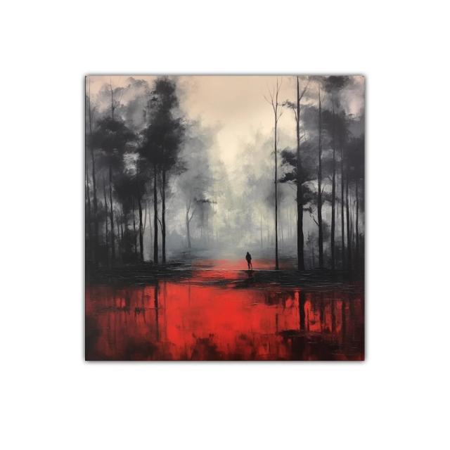 Bosque brumoso con reflejos intensos en rojo vibrante