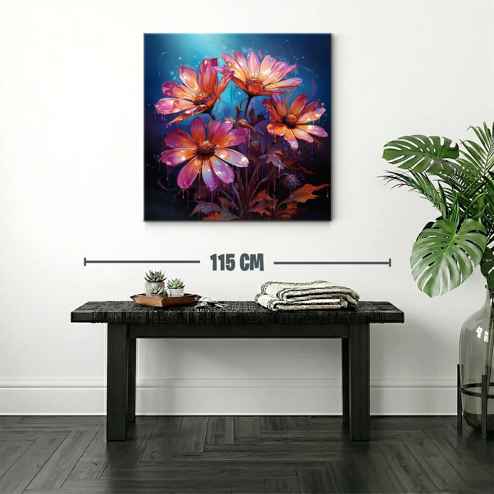 Cuadro floral vibrante con tonos cálidos y fondo azul oscuro — miniatura 2