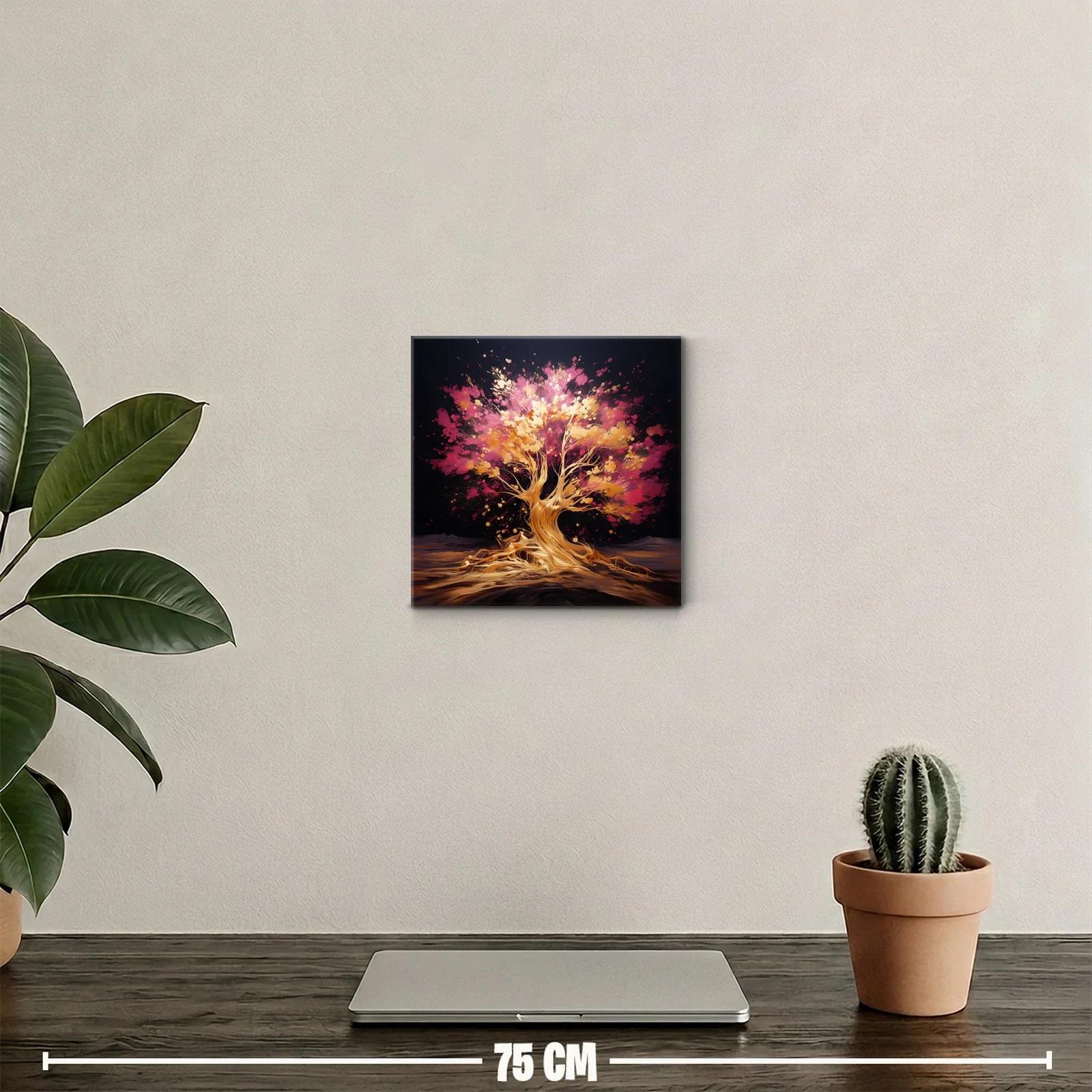 Árbol vibrante con tonos dorados y rosas en fondo oscuro — miniatura 2