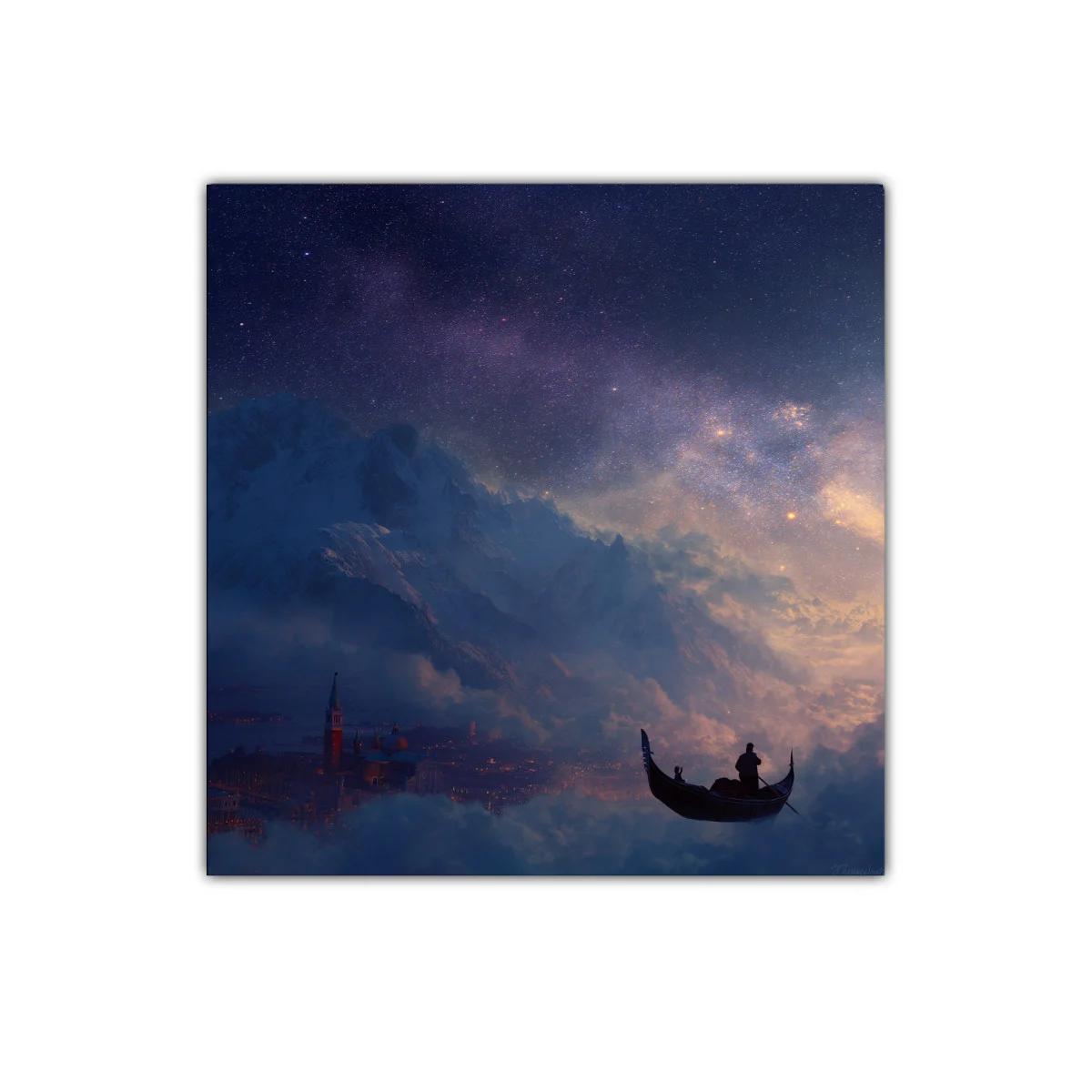 Paisaje nocturno con góndola flotante y cielo estrellado