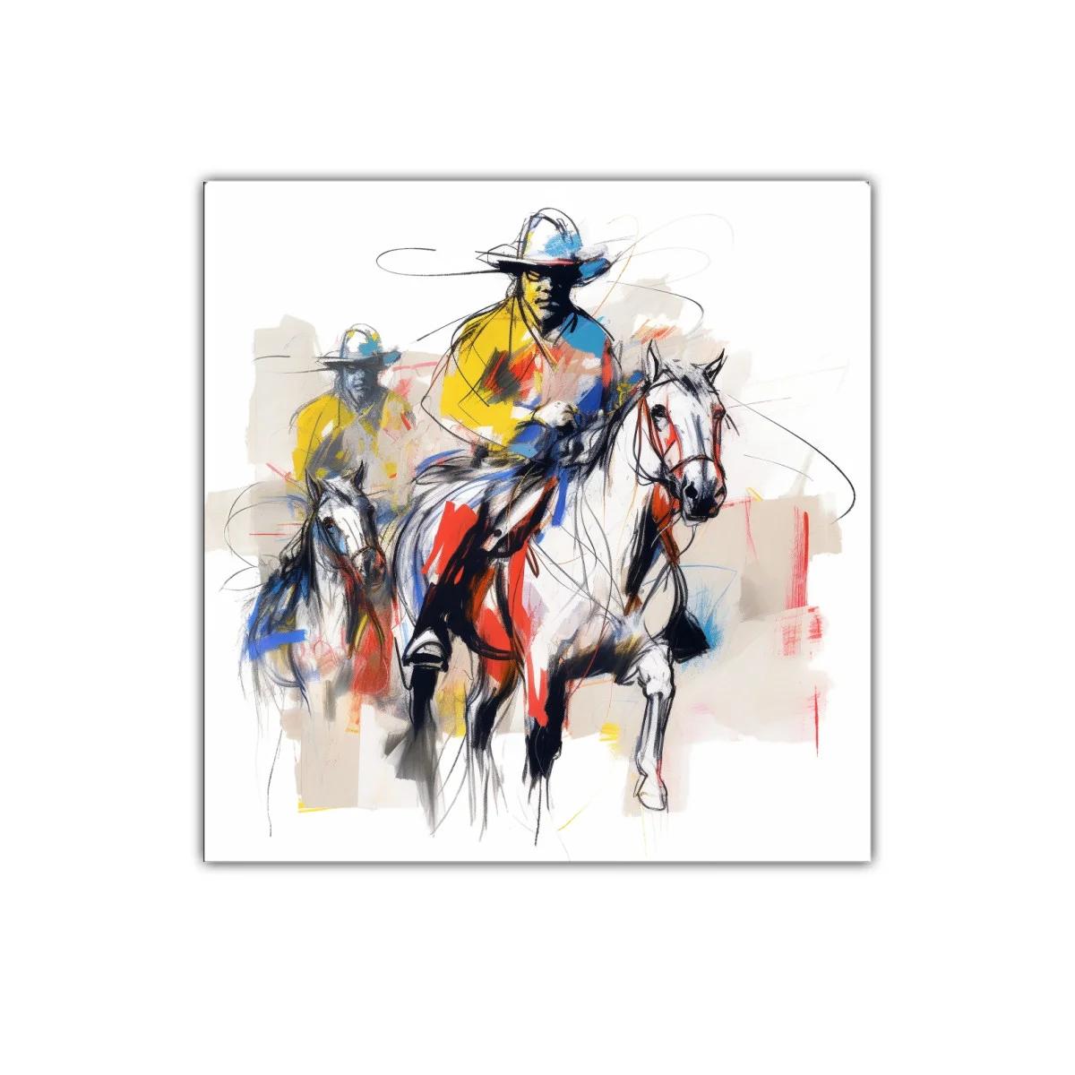 Dinamismo y color en jinete con caballos en movimiento
