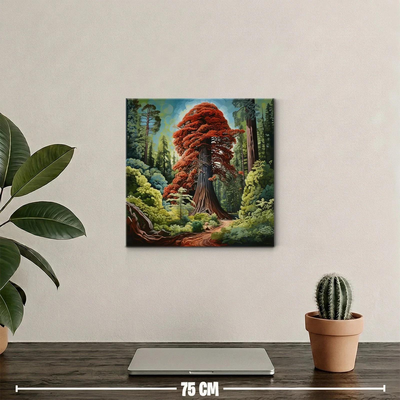 Gran árbol rojo rodeado de bosque verde vibrante — miniatura 2