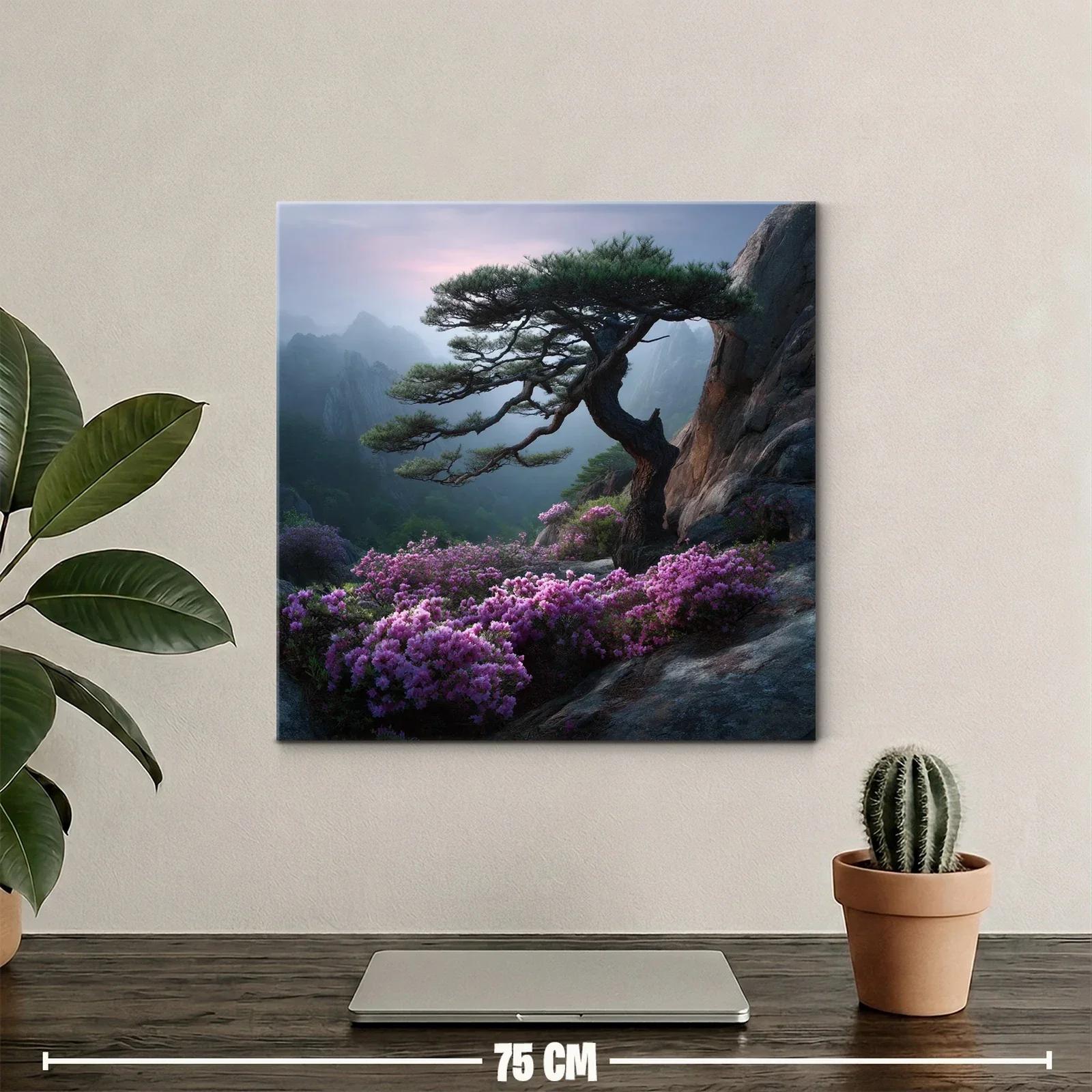 Paisaje sereno con árbol y flores sobre rocas en montaña — miniatura 2
