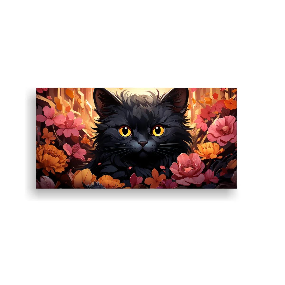 Cuadro gato negro de ojos amarillos entre flores densas