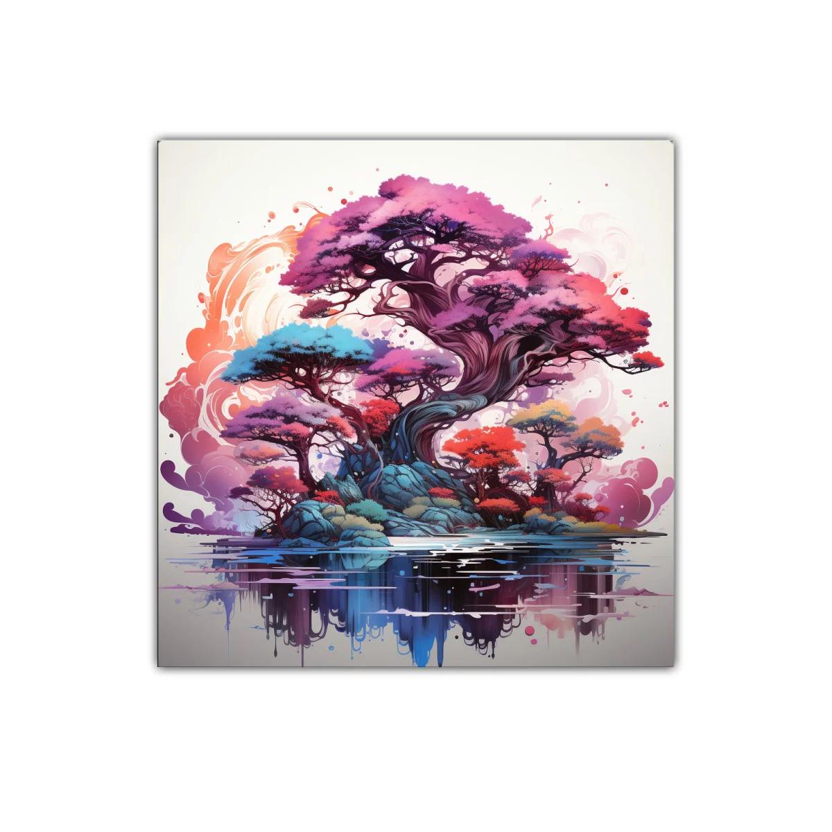 Árboles fantasía con colores vibrantes y reflejo en agua — imagen principal