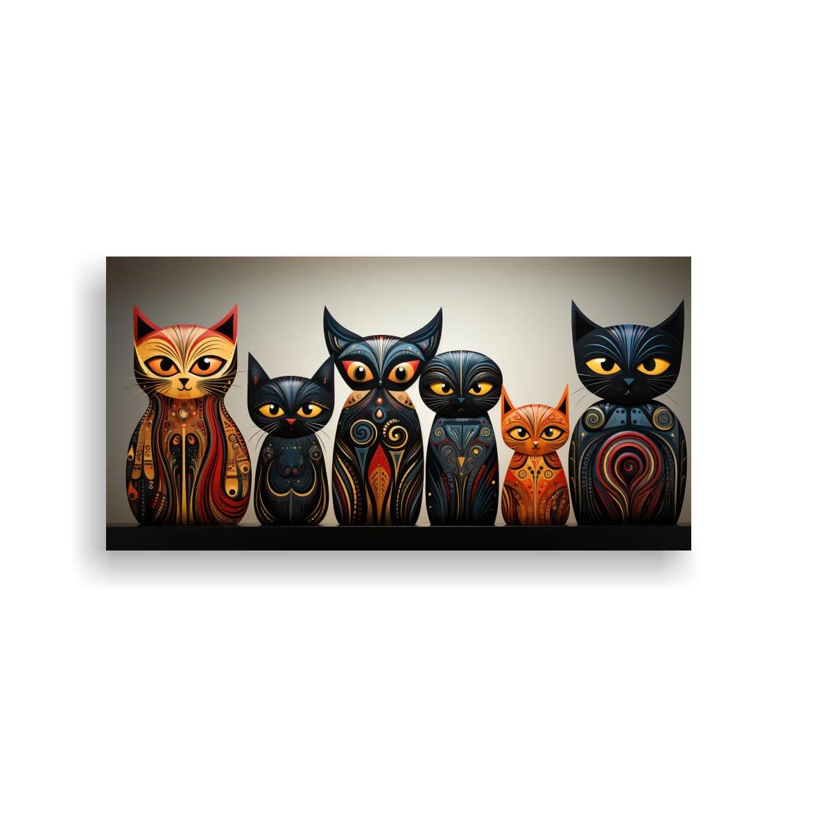 Cuadro seis gatos con patrones curvos y espirales