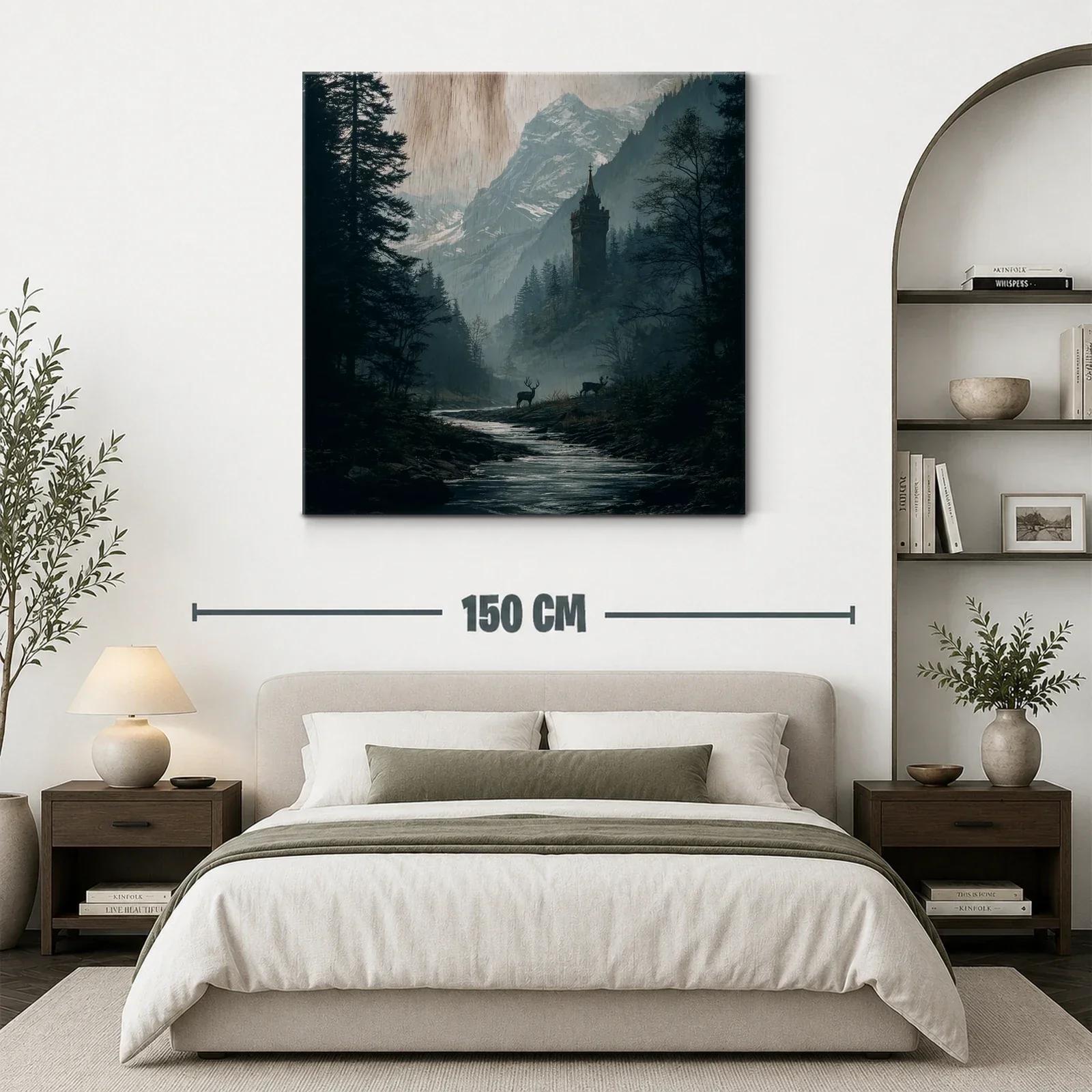 Paisaje montañoso con torre mística y ciervos al amanecer — miniatura 3