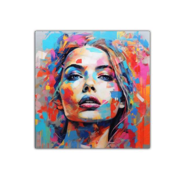 Retrato vibrante con explosión de color y mirada intensa