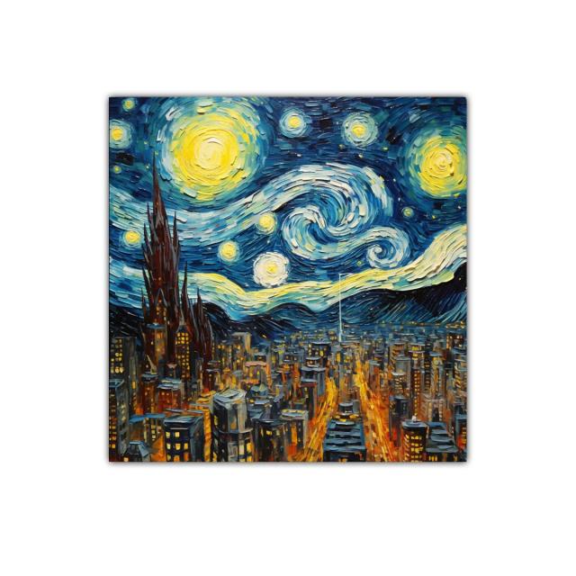 Noche estrellada sobre ciudad iluminada y cielo turbulento