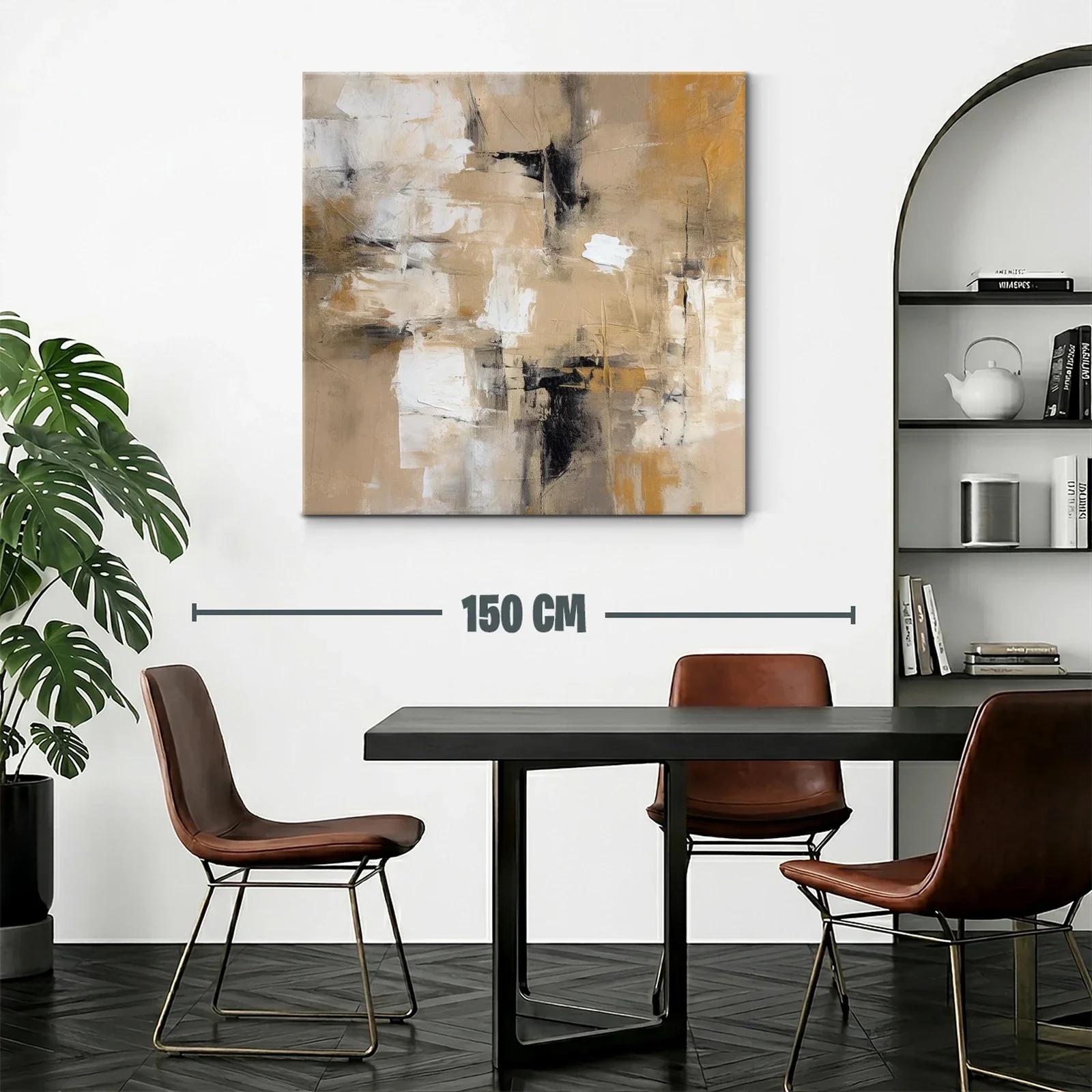 Cuadro abstracto en tonos beige y ocres con contraste negro — miniatura 2