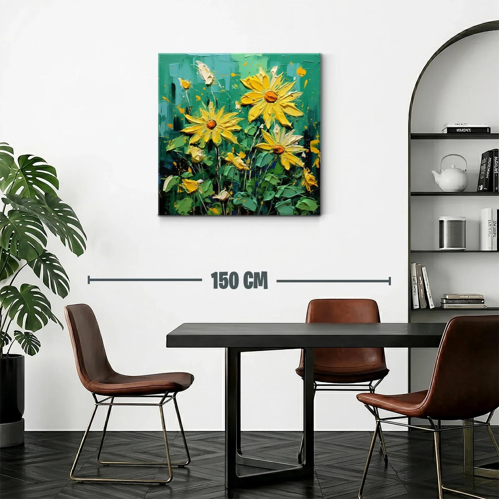 Cuadro vibrante con flores amarillas sobre fondo verde intenso — miniatura 2