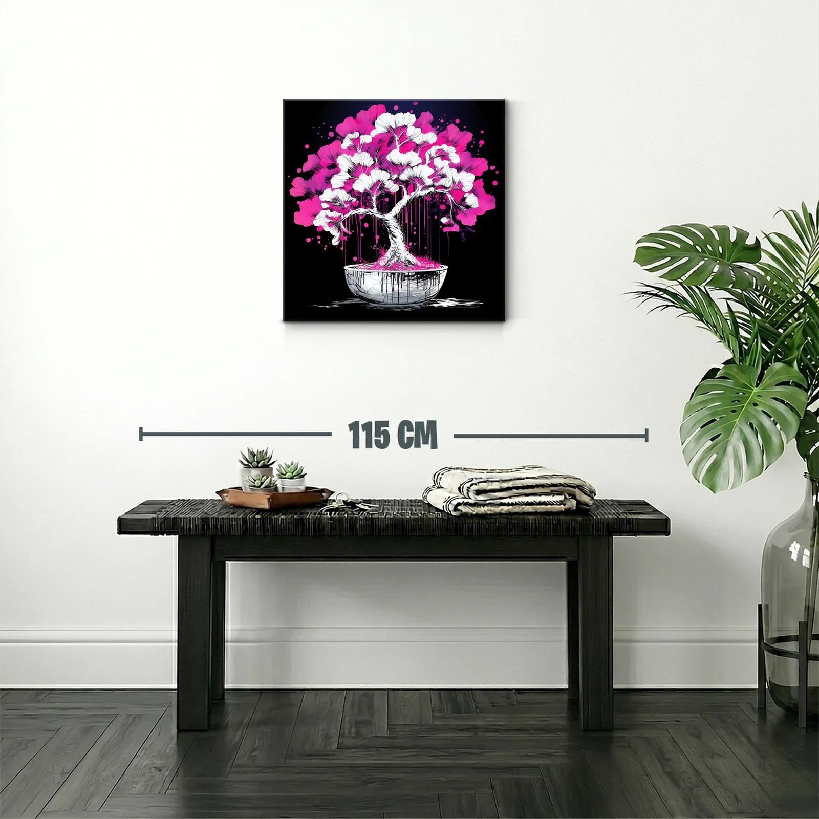 Árbol bonsái vibrante con flores rosa y blancas sobre fondo negro — miniatura 2
