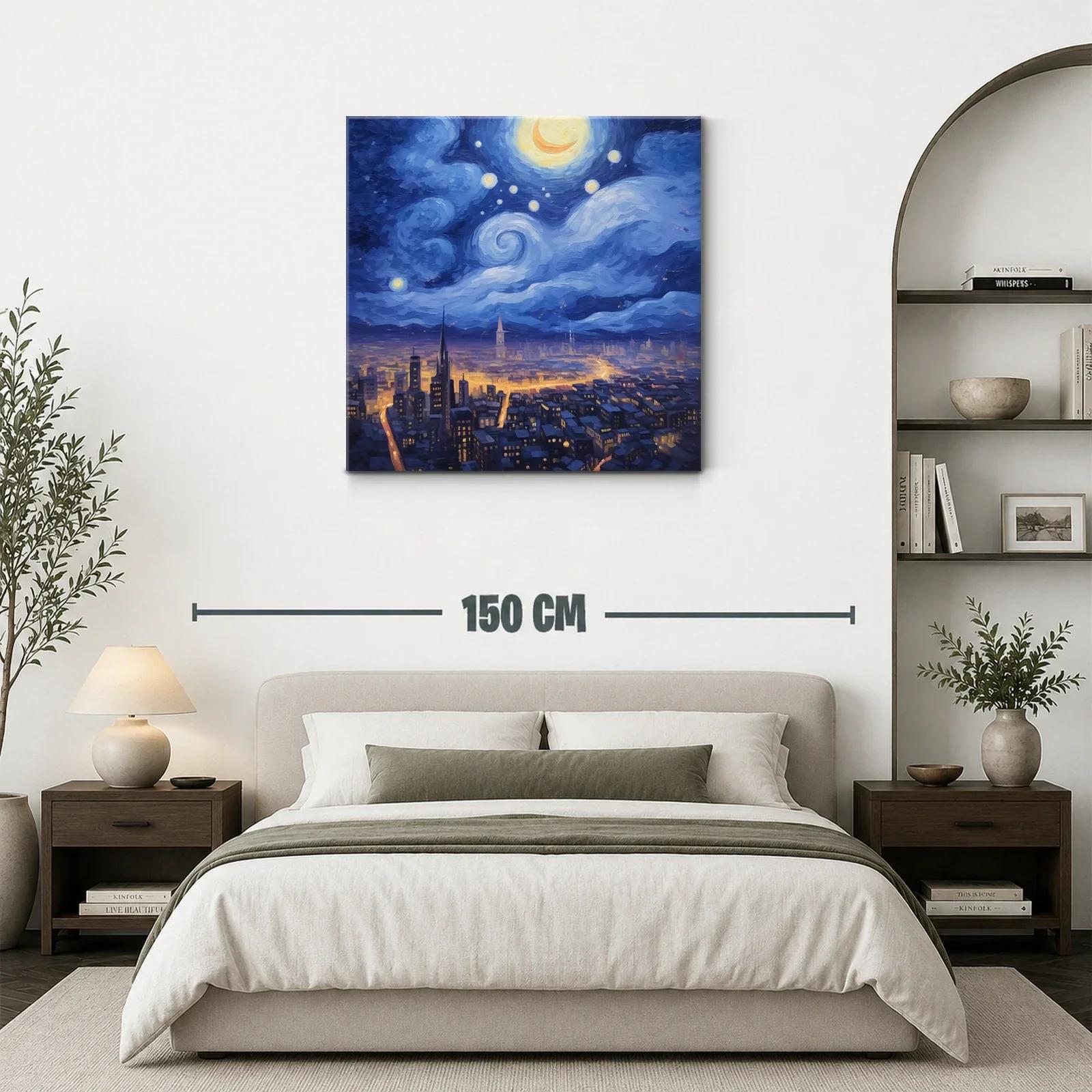 Ciudad nocturna iluminada bajo un cielo estrellado y luna creciente — miniatura 3