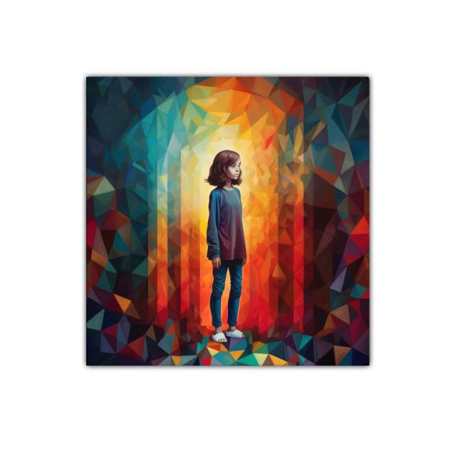 Cuadro con figura infantil en paisaje geométrico de colores vivos