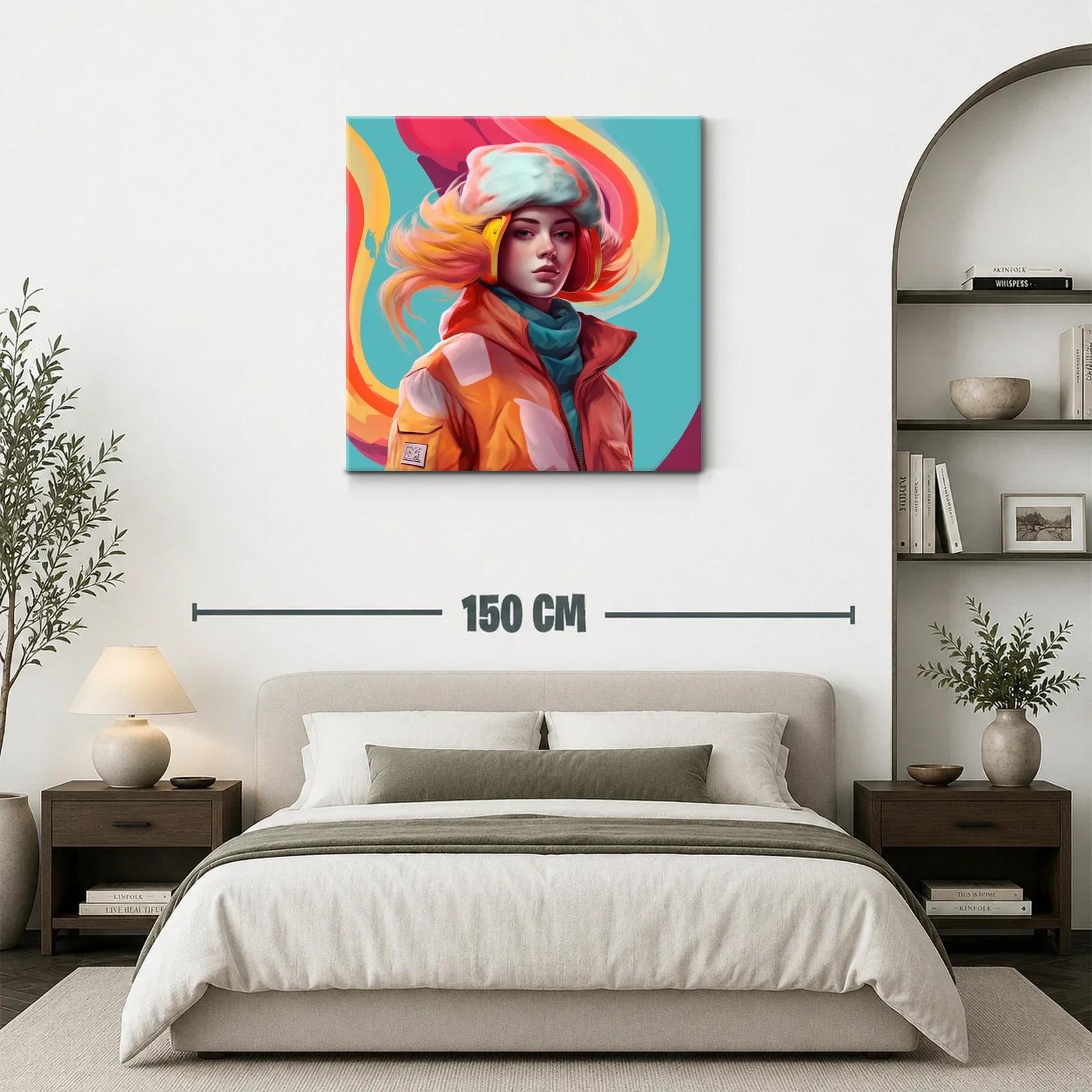 Retrato vibrante de mujer con auriculares y abrigo naranja — miniatura 3