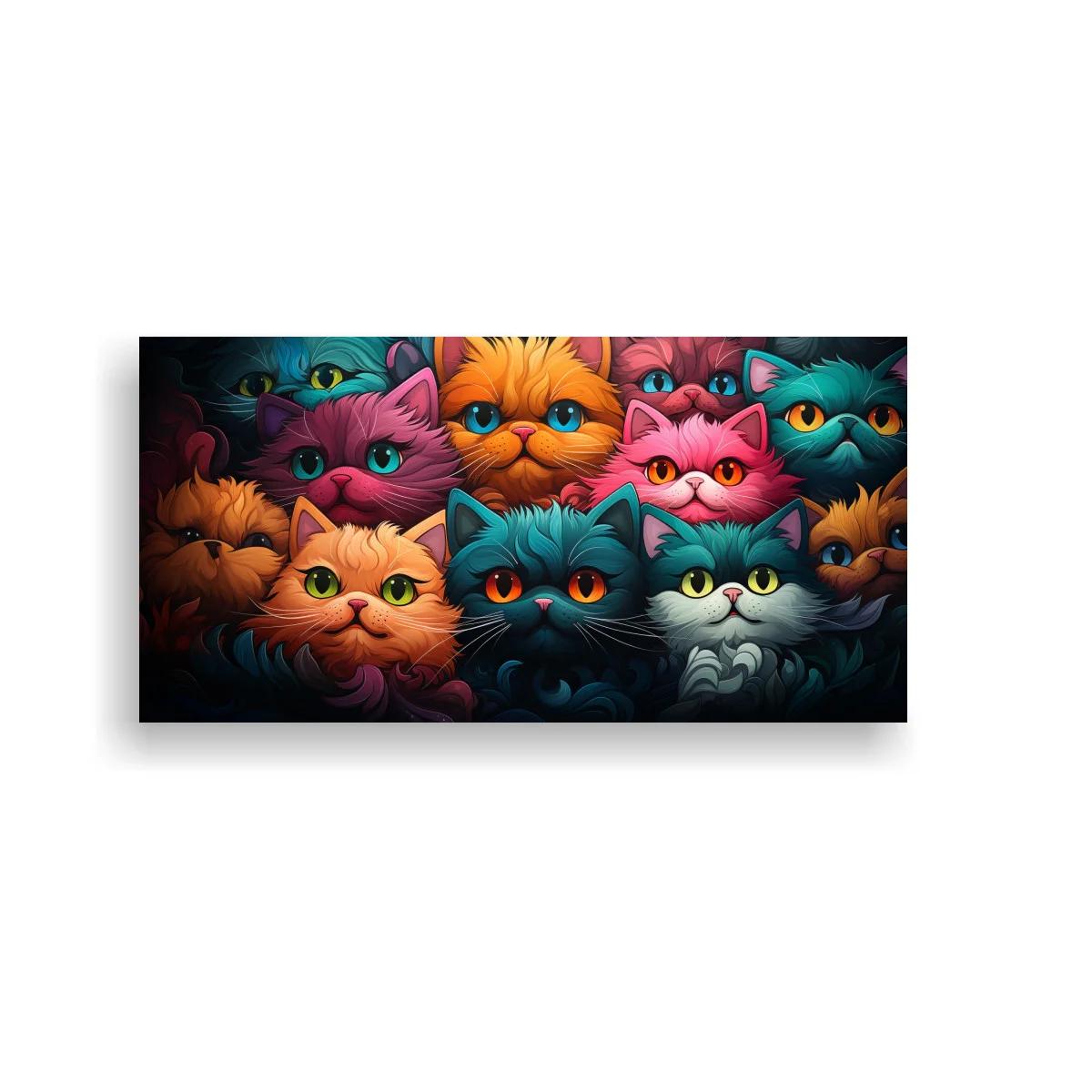 Cuadro grupo de gatos de colores sobre fondo oscuro