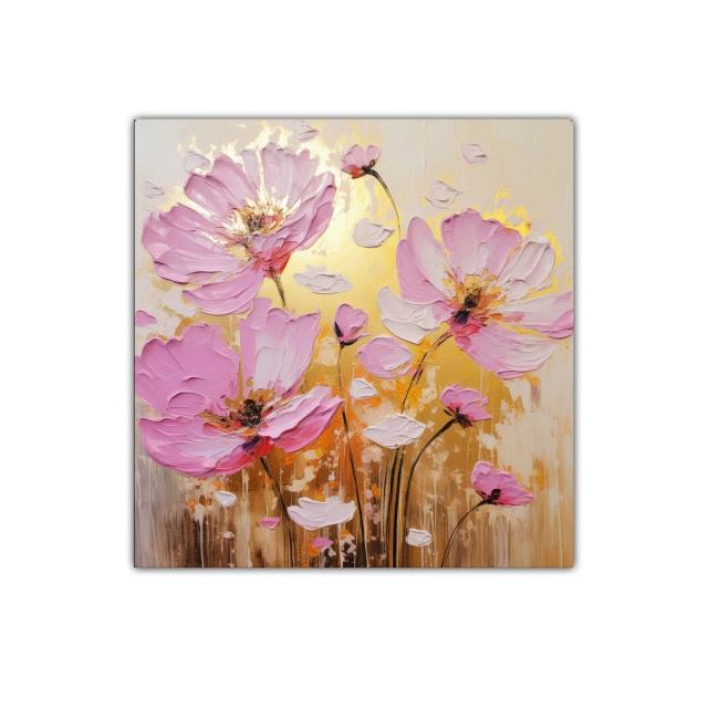 Flores rosas sobre fondo dorado con textura vibrante