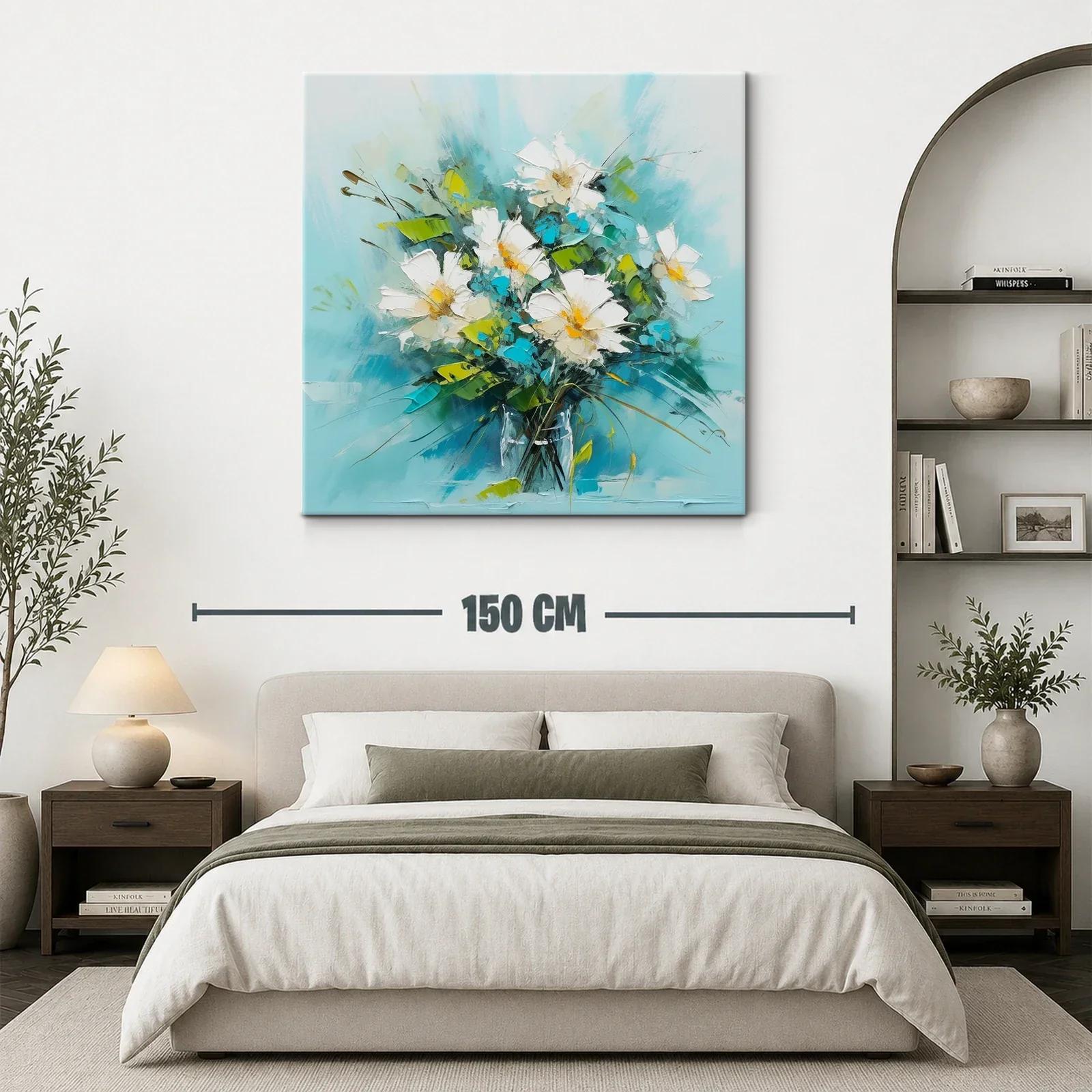 Cuadro de flores blancas con brillo turquesa y verde — miniatura 3