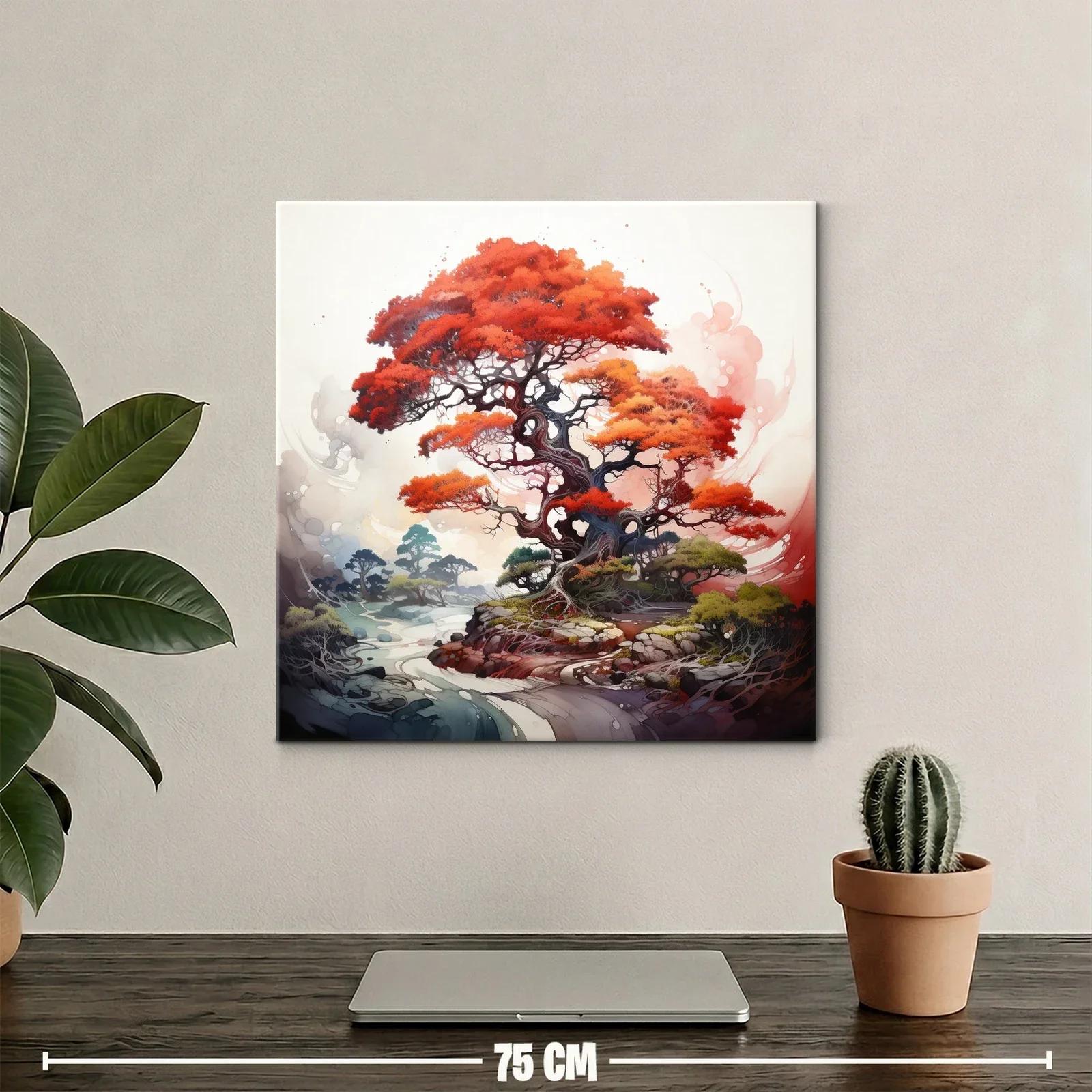 Árbol vibrante con follaje rojo intenso y paisaje onírico — miniatura 2