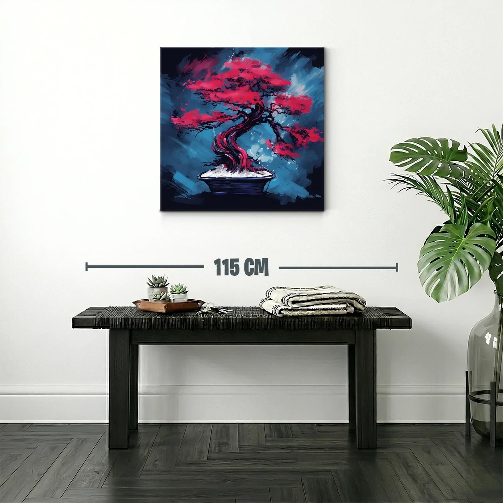 Árbol bonsái rojo intenso sobre fondo azul vibrante — miniatura 2