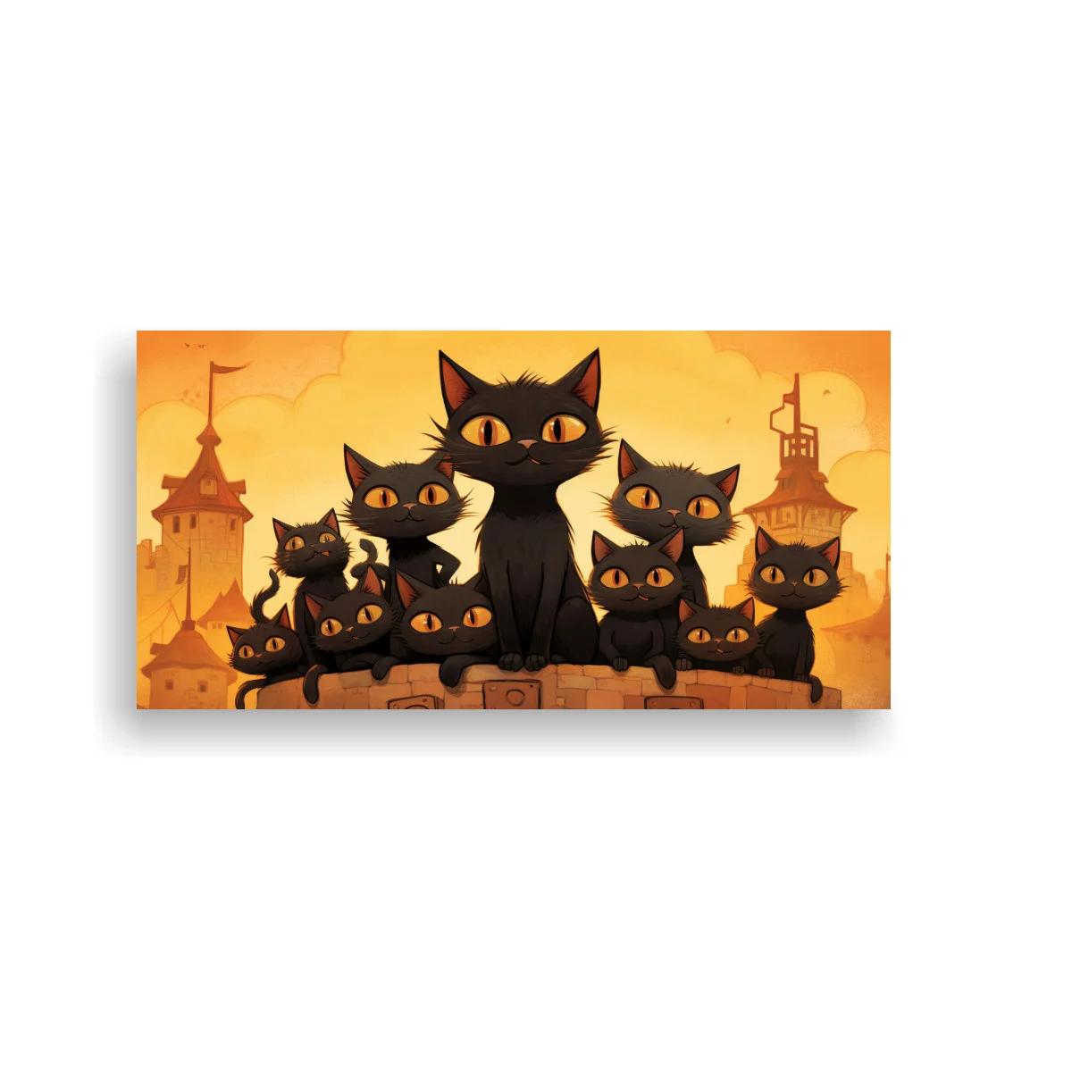 Cuadro grupo de gatos negros sobre tejado de ladrillo