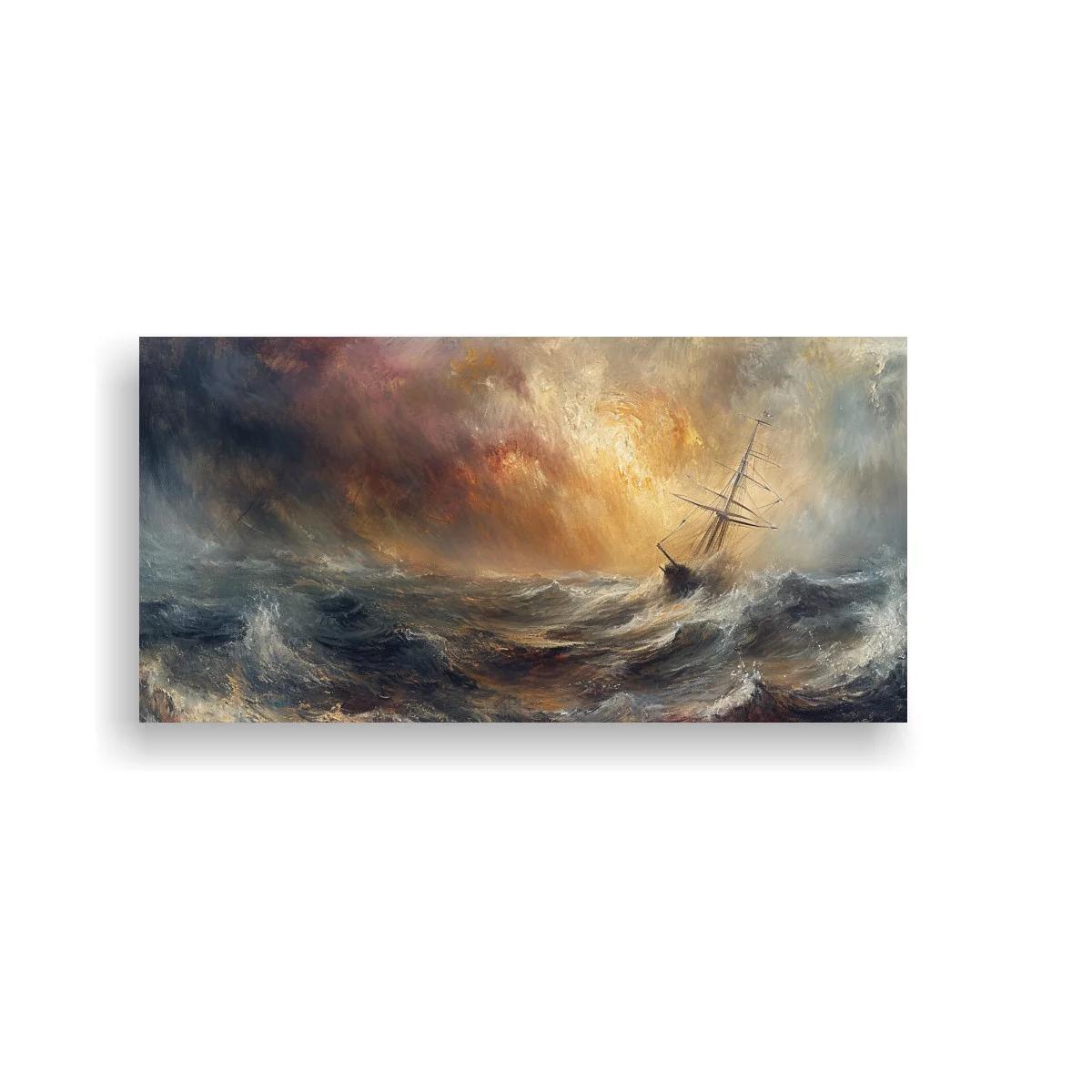 Cuadro velero en tormenta marina con espuma y luz entre nubes