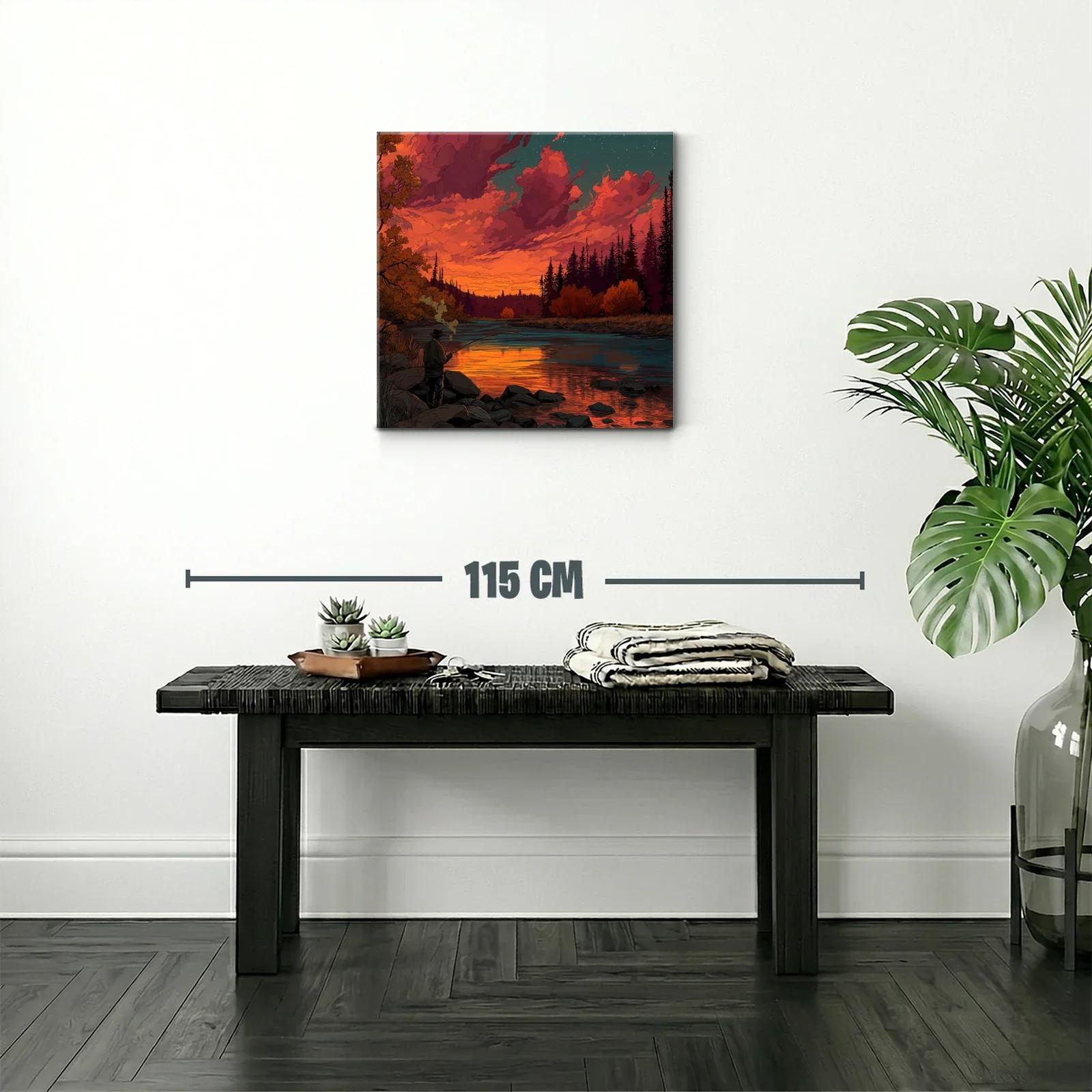 Puesta de sol vibrante en río con pescador solitario — miniatura 2