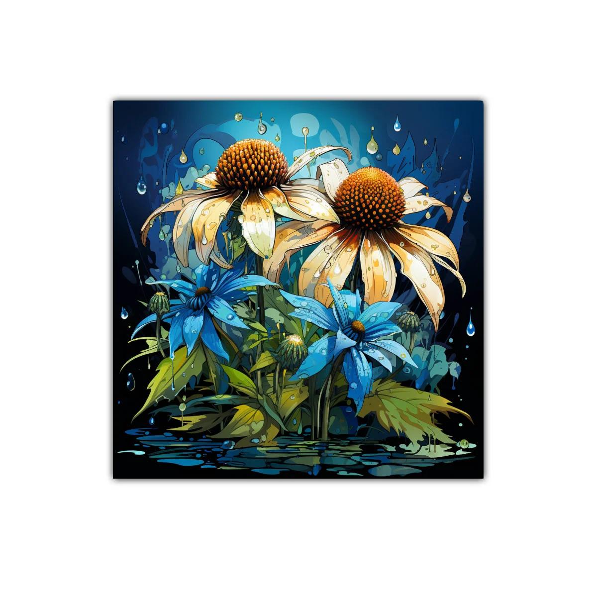 Flores vibrantes con gotas sobre fondo azul oscuro