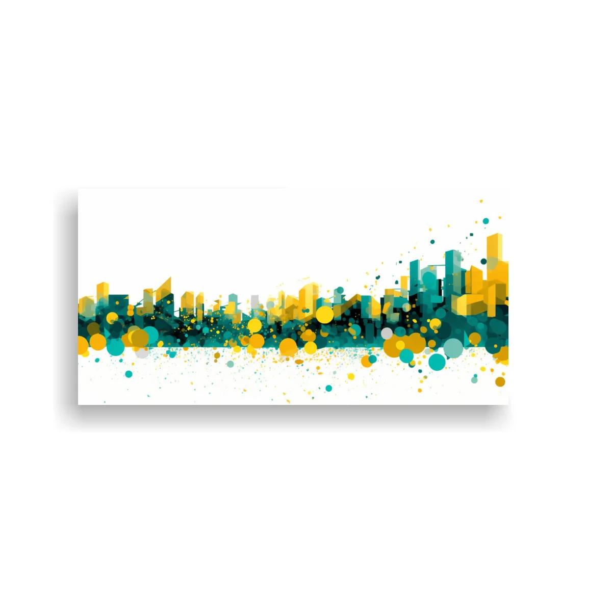 Cuadro skyline urbano abstracto con salpicaduras doradas