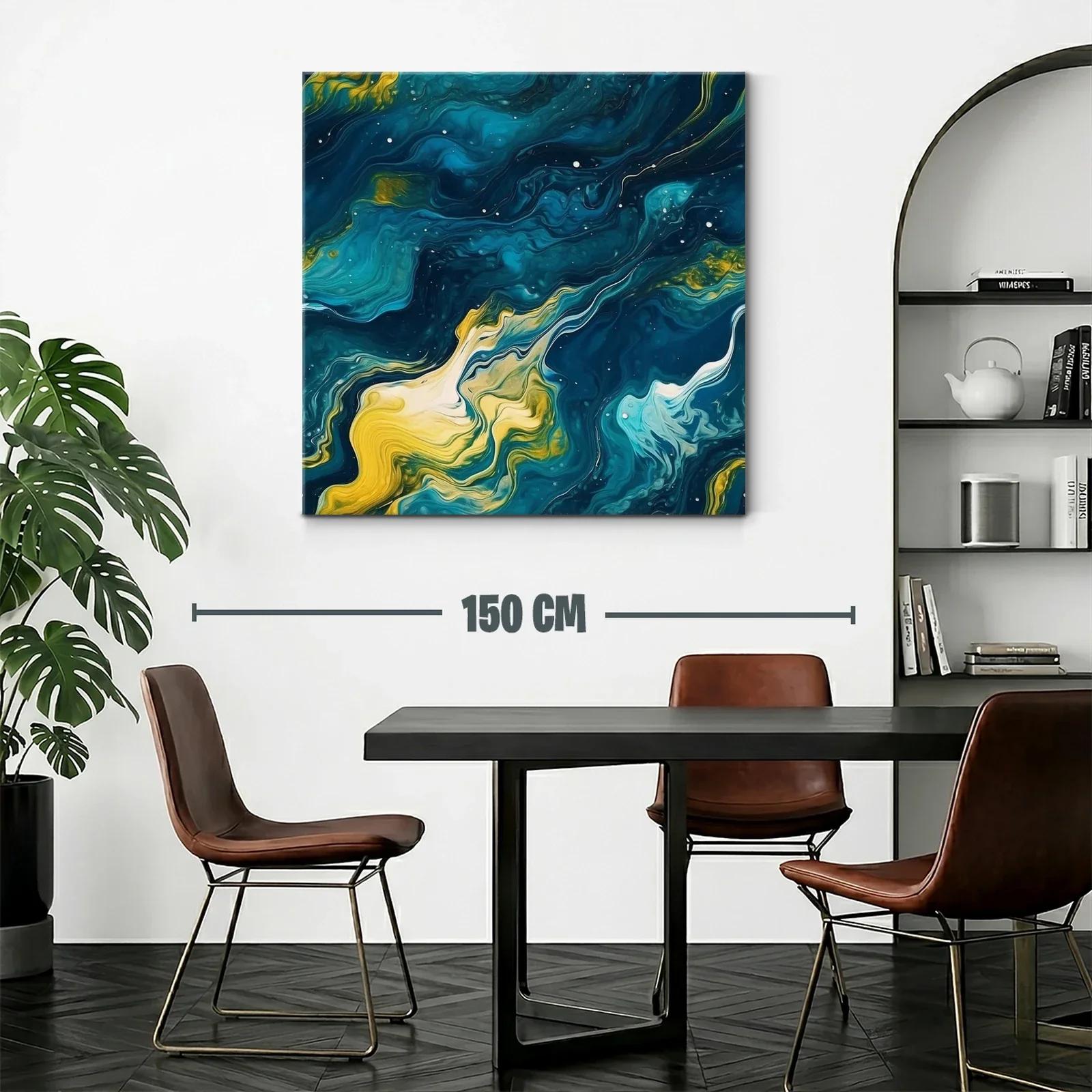 Cuadro abstracto de ondas fluidas en azul y amarillo — miniatura 2
