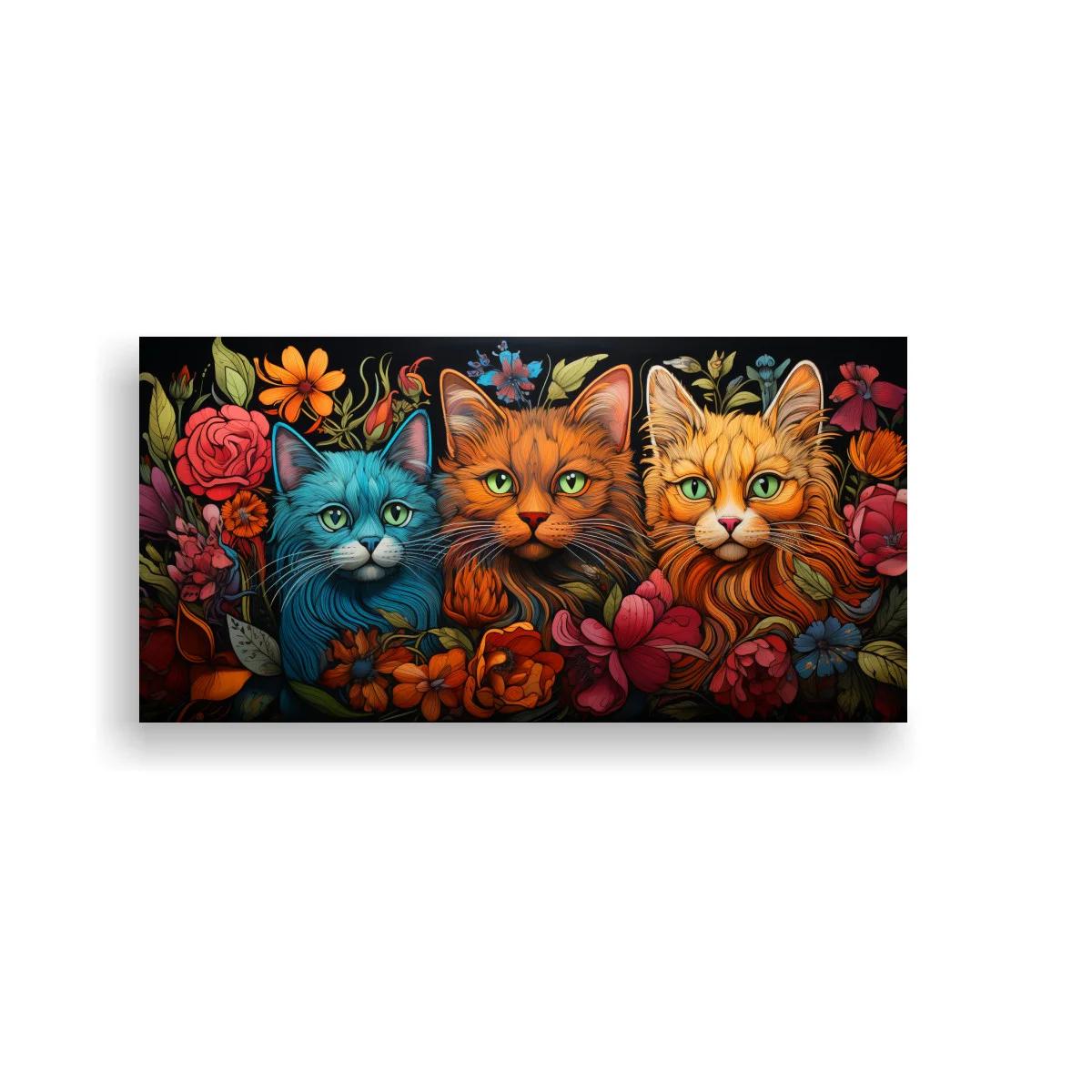 Cuadro tres gatos entre flores y follaje