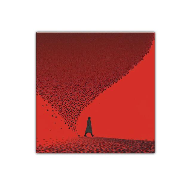 Figura solitaria camina entre olas de corazones negros