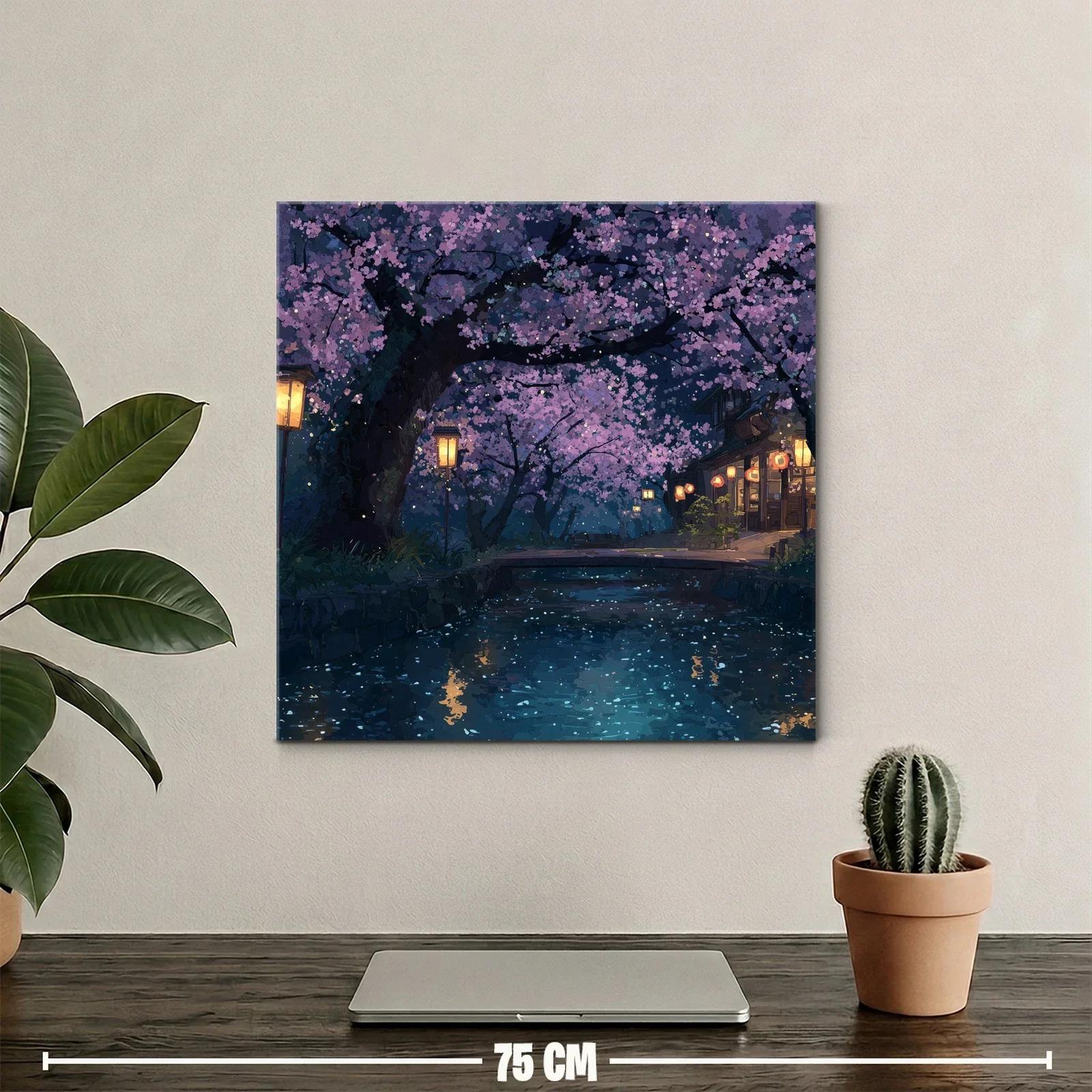 Noche mágica bajo cerezos en flor junto al río — miniatura 2