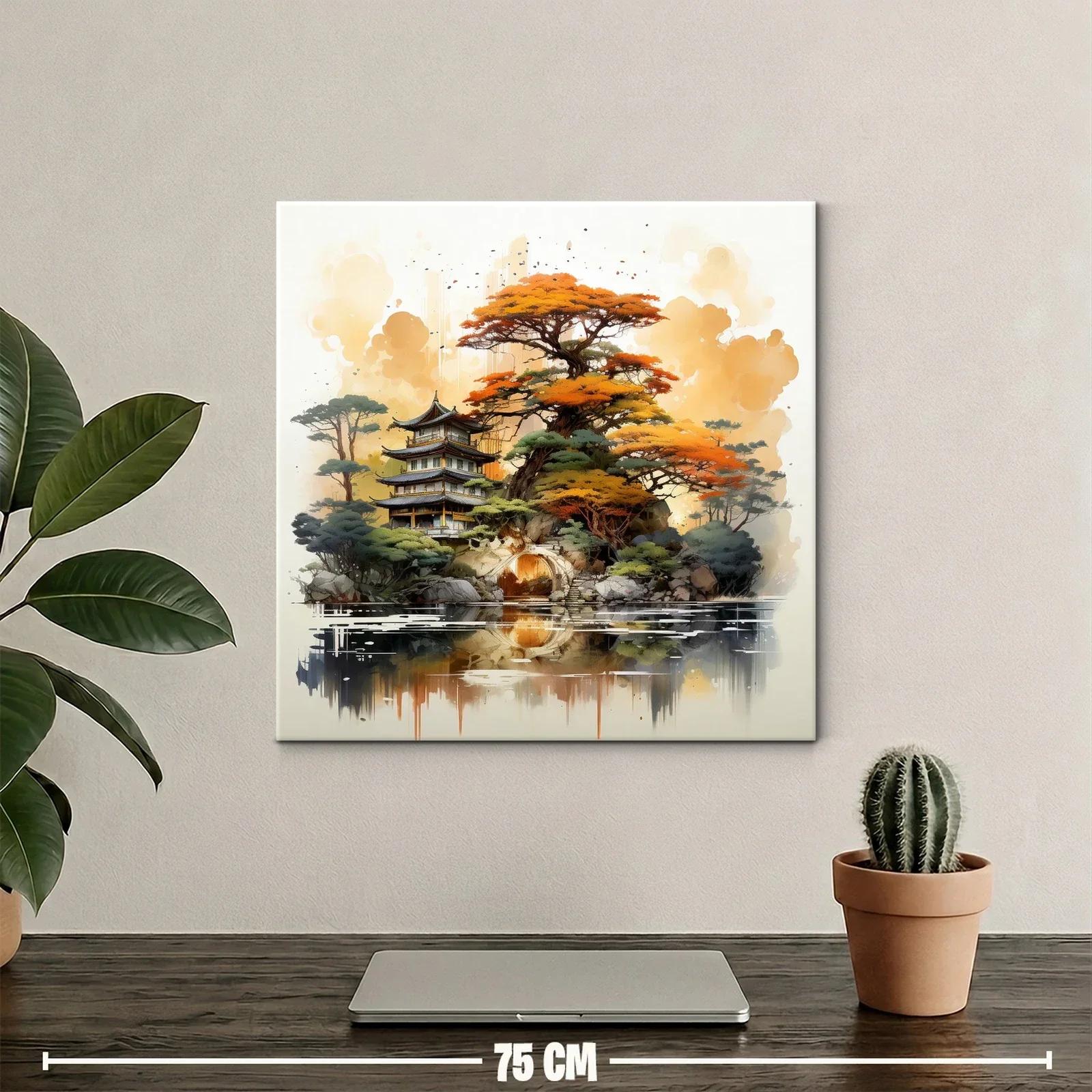 Paisaje asiático con árboles otoñales y templo tradicional — miniatura 2