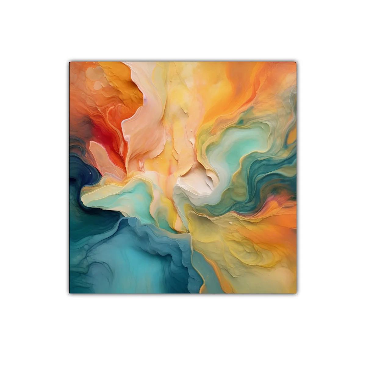 Cuadro abstracto en tonos cálidos y fríos con movimiento fluido