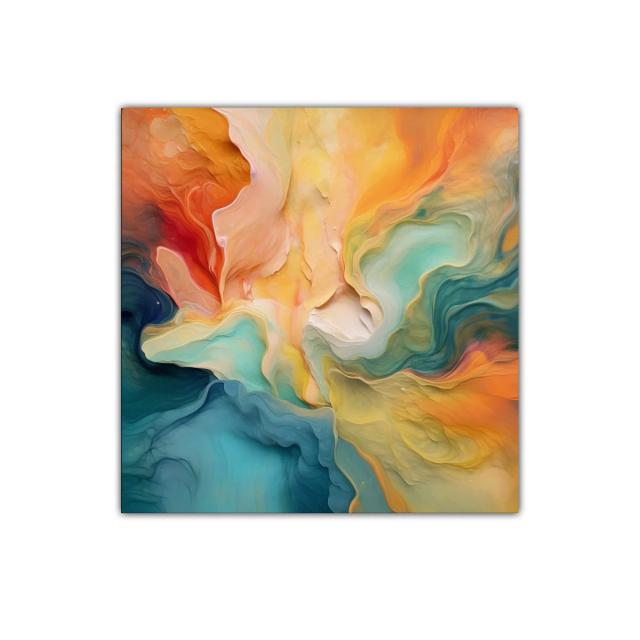 Cuadro abstracto en tonos cálidos y fríos con movimiento fluido