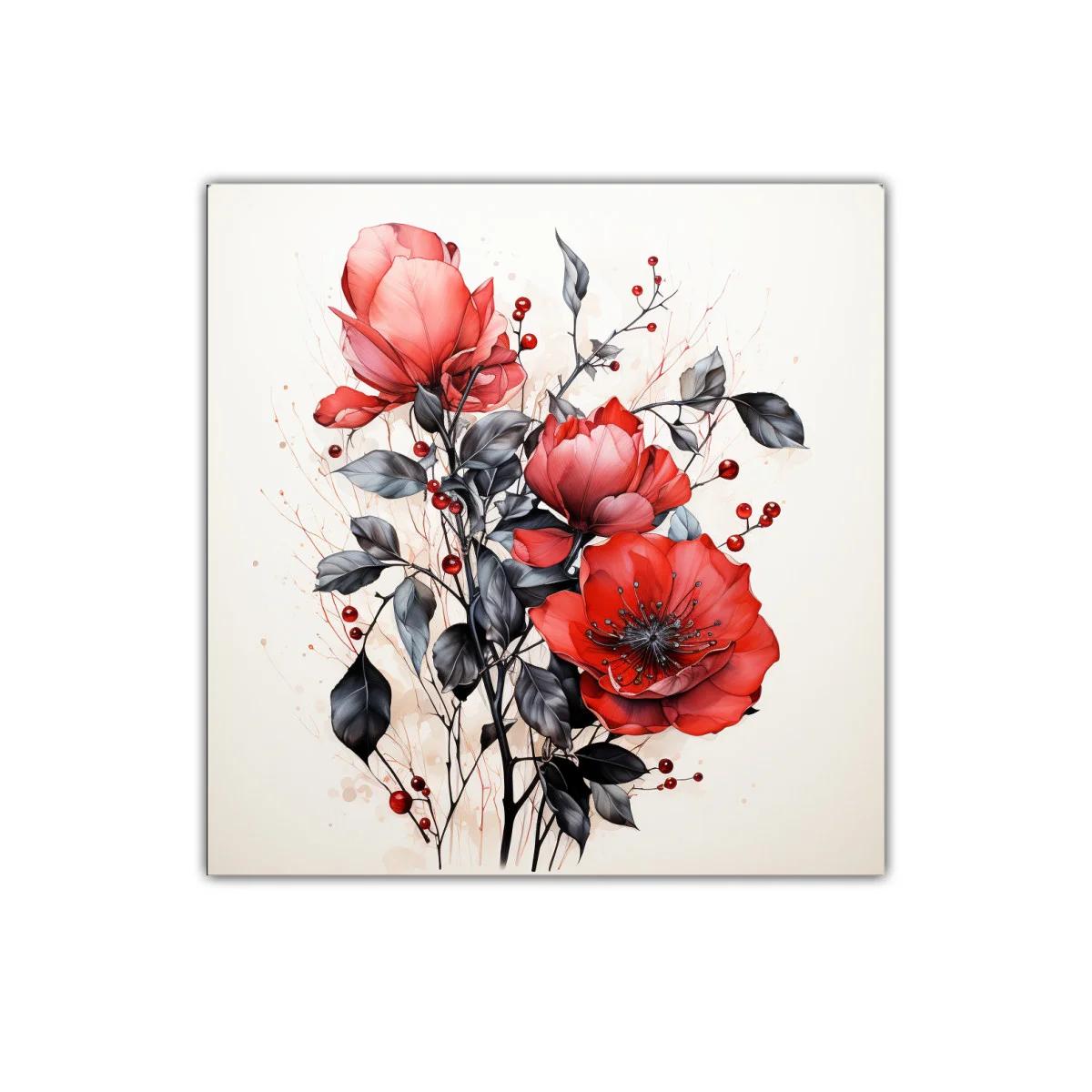 Cuadro decorativo con flores rojas y hojas en tonos grises