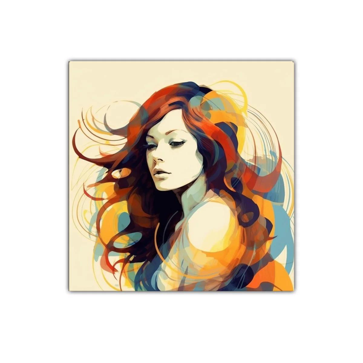 Retrato femenino con cabello ondulado y paleta vibrante — imagen principal