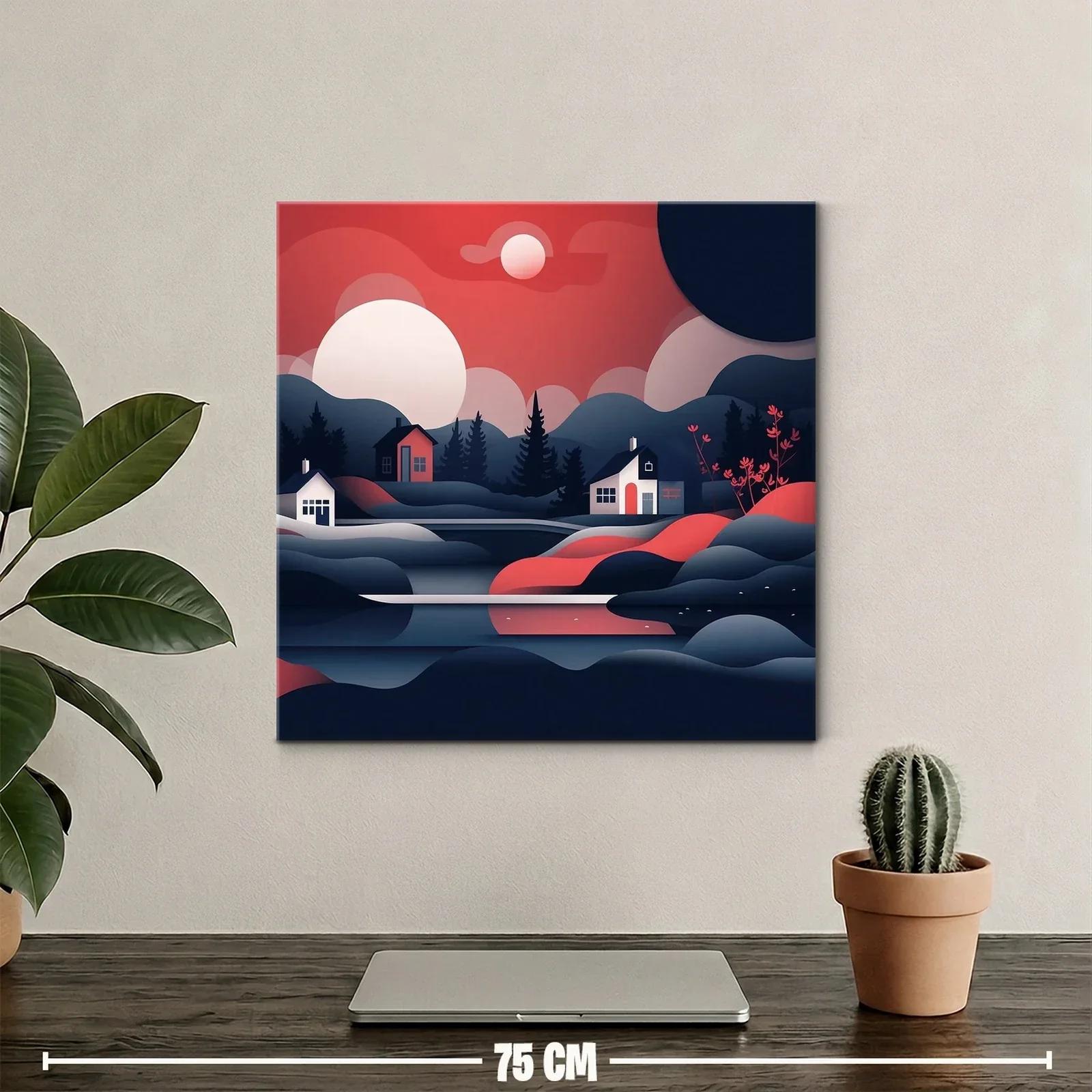 Paisaje nocturno con casas y montañas en tonos rojos y azules — miniatura 2