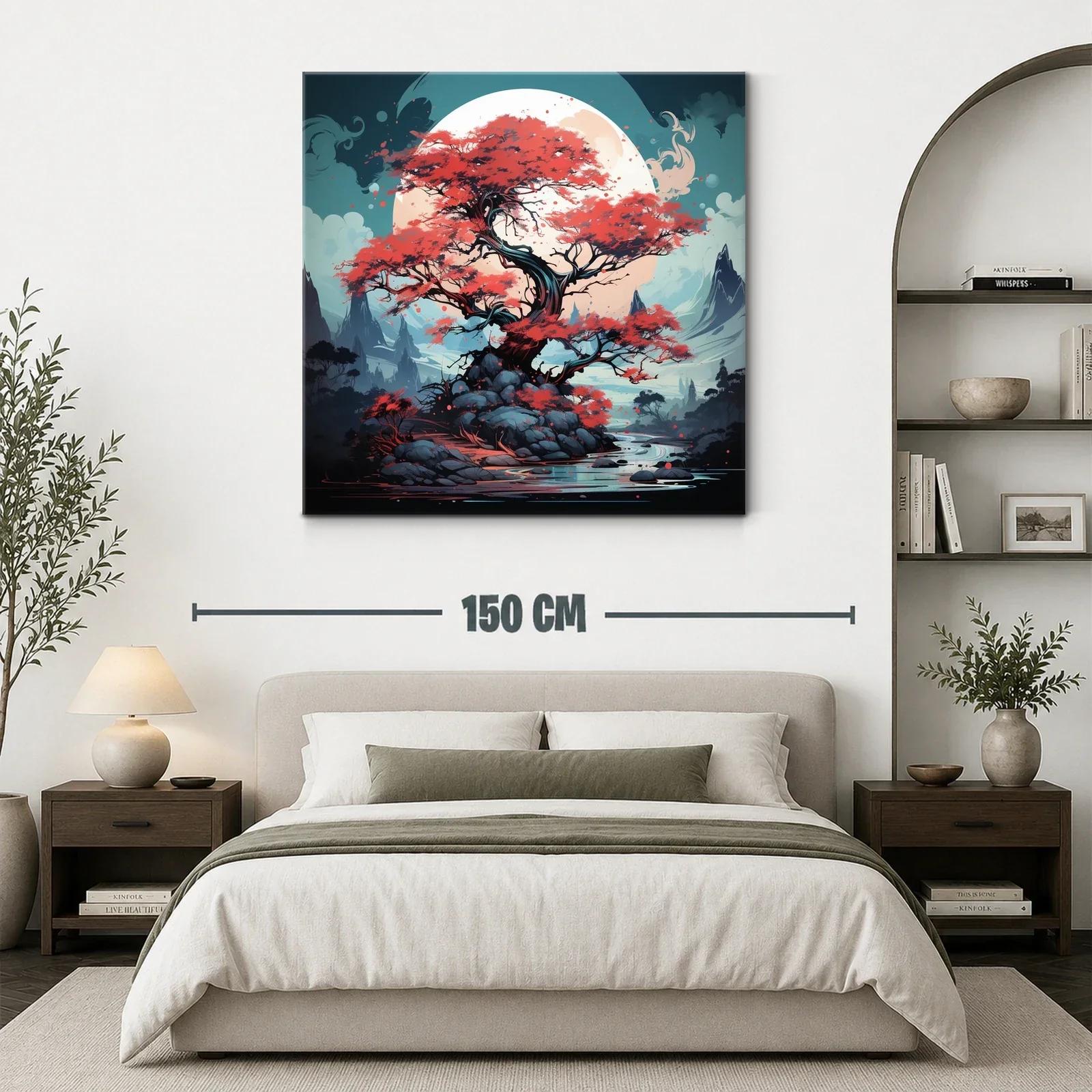 Árbol rojo frente a luna gigante en paisaje místico — miniatura 3