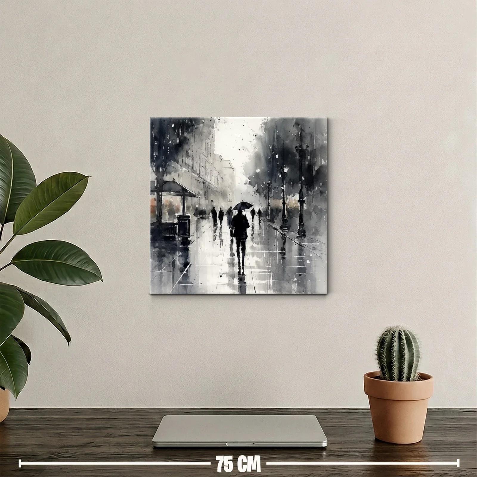 Escena urbana bajo lluvia con siluetas y paraguas — miniatura 2