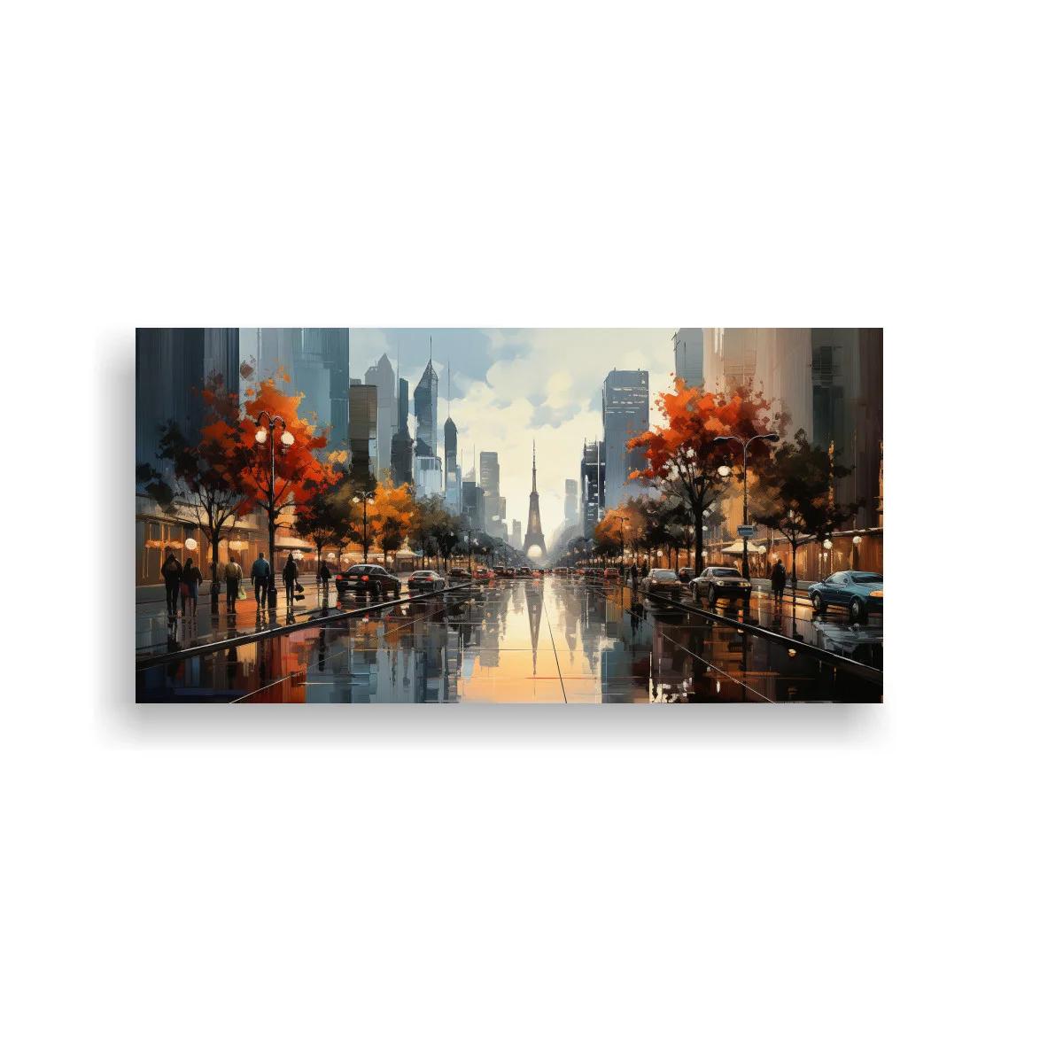 Cuadro avenida urbana lluviosa con reflejos y árboles otoñales