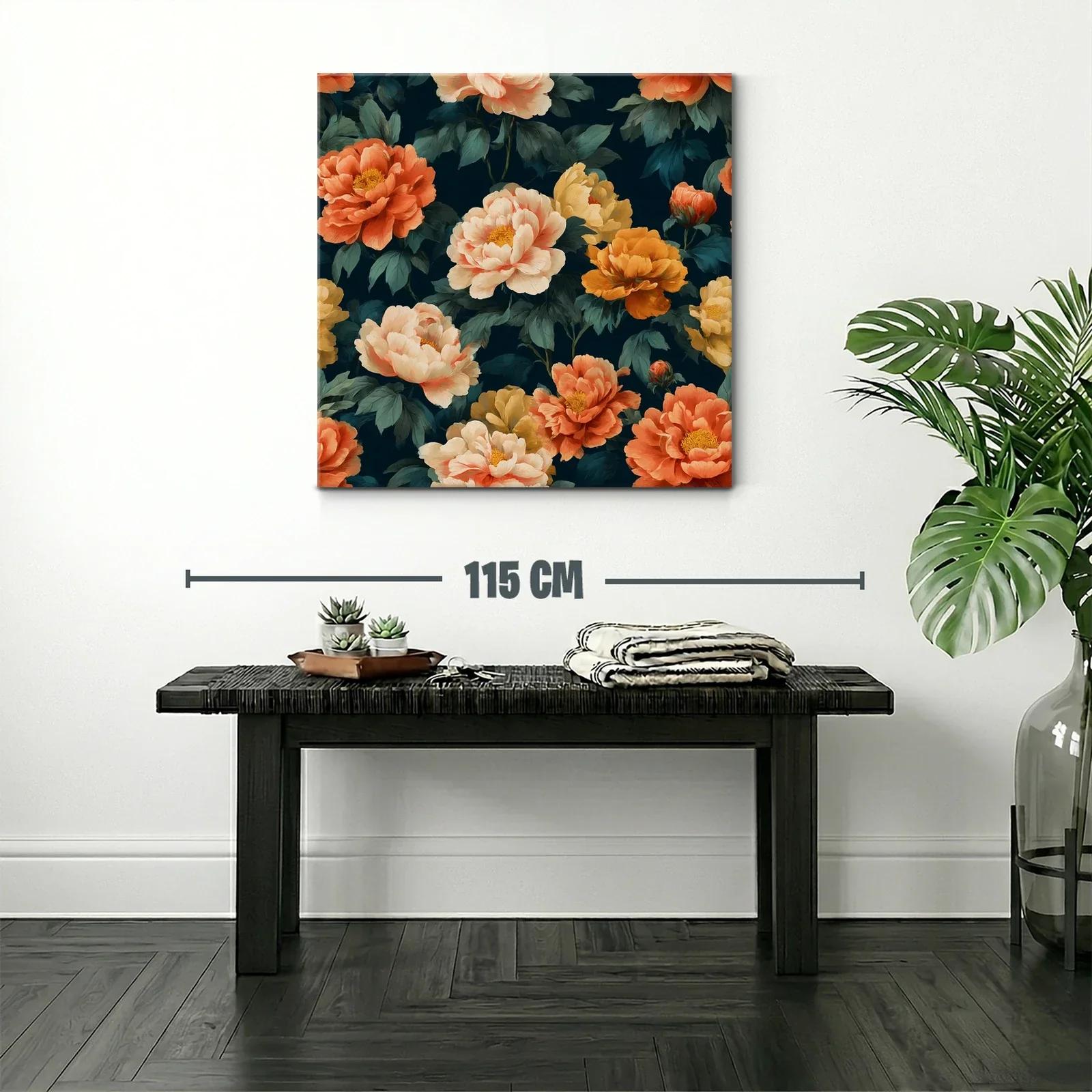 Cuadro floral con peonías en tonos cálidos y fondo oscuro — miniatura 2