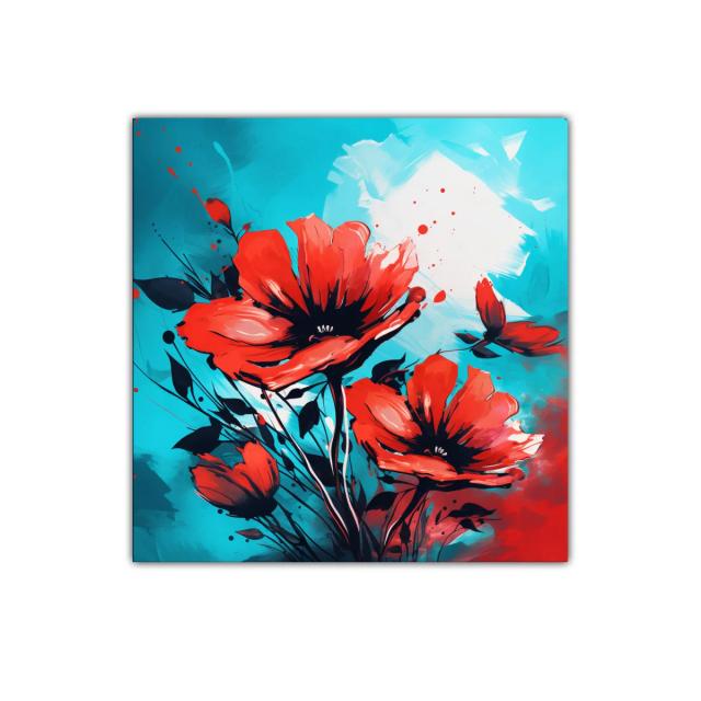 Cuadro decorativo con flores rojas sobre fondo azul vibrante