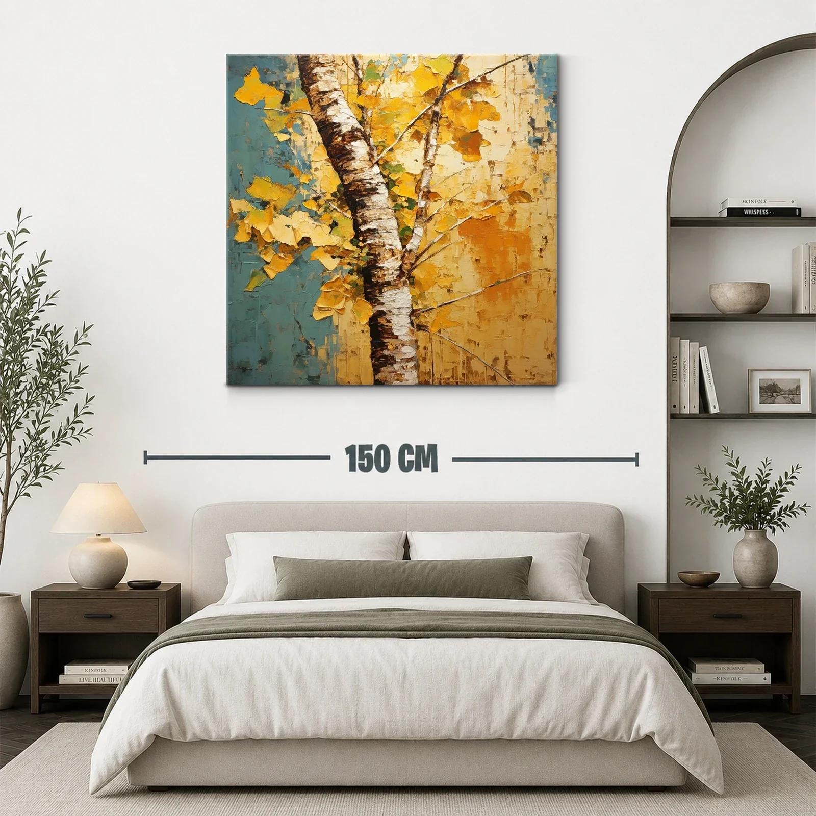 Árbol otoñal con hojas doradas y fondo azul y amarillo — miniatura 3