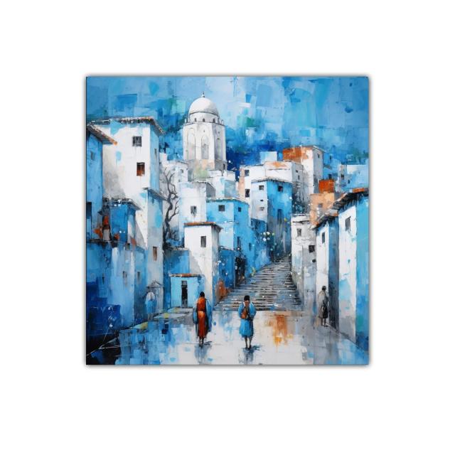 Pueblo Azul con Escaleras y Siluetas Caminantes