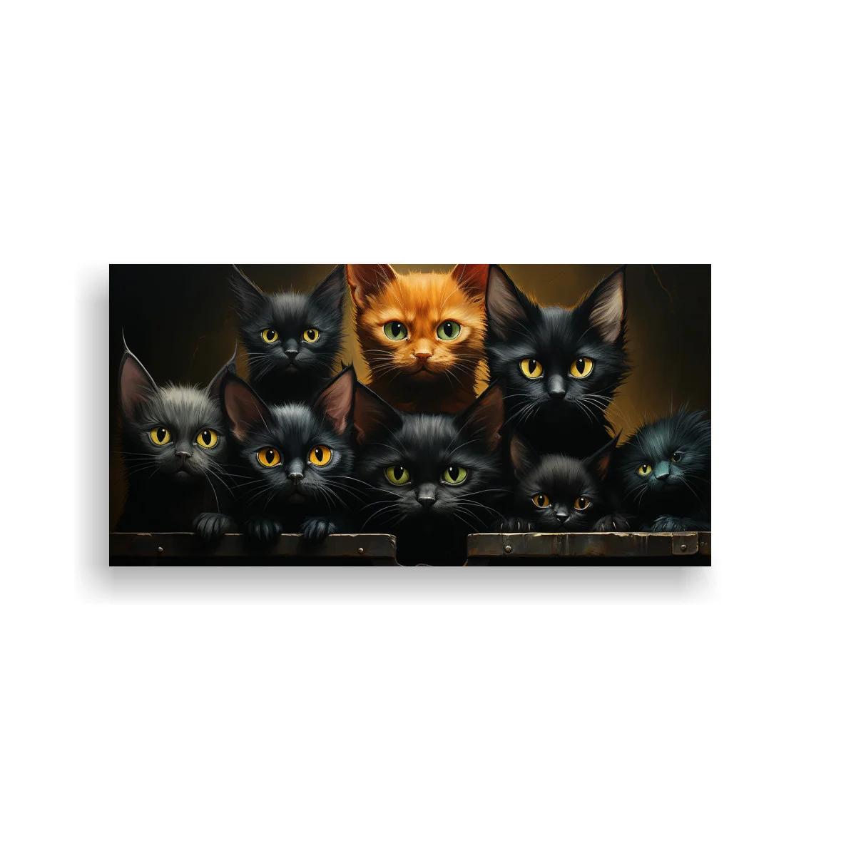 Cuadro grupo de gatos negros con un gato naranja
